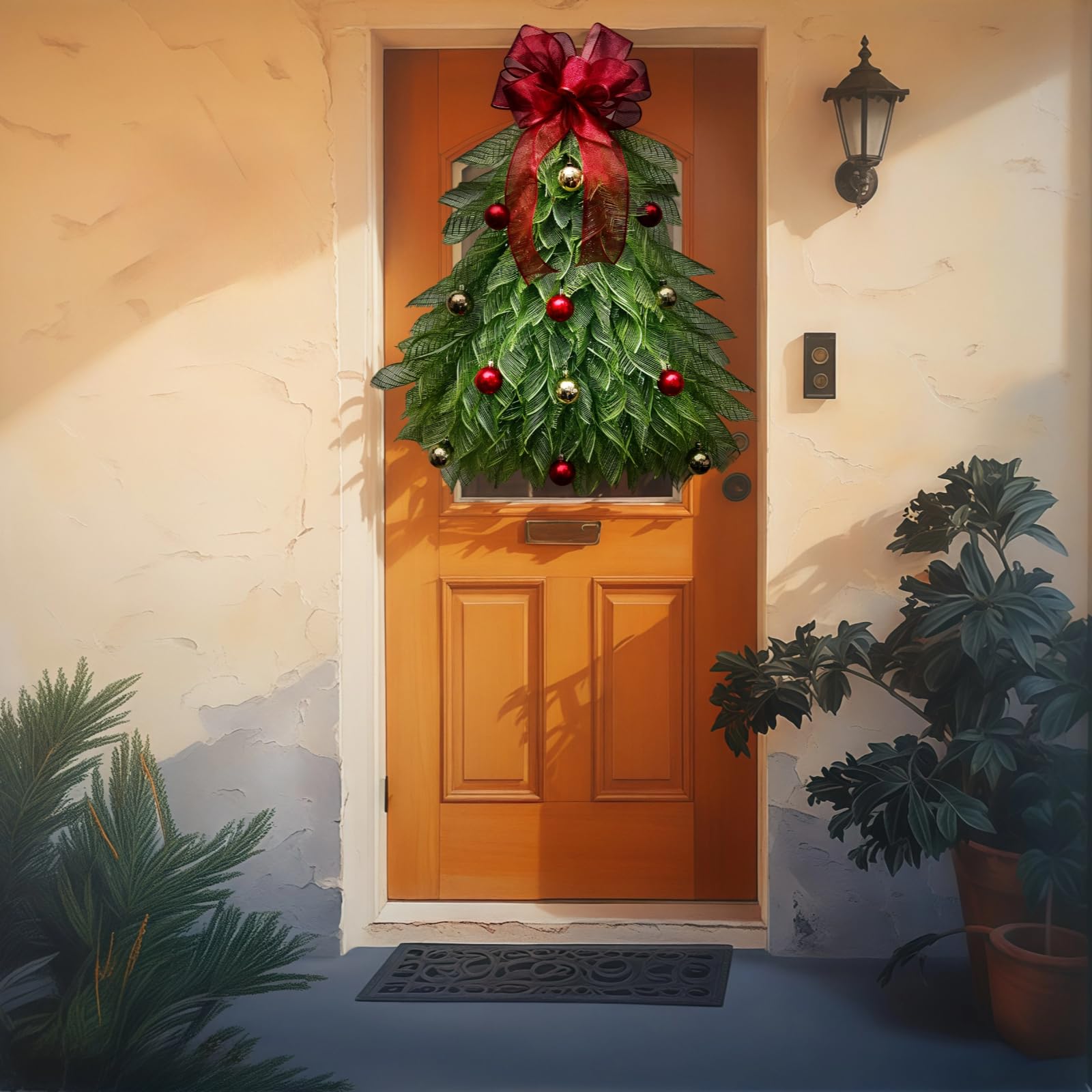 Corona de pino de Navidad con cinta roja, colgador de puerta artificial grande con bolas rojas y doradas, decoraciones de temporada para puerta delantera, ventana, chimenea, exhibición interior y