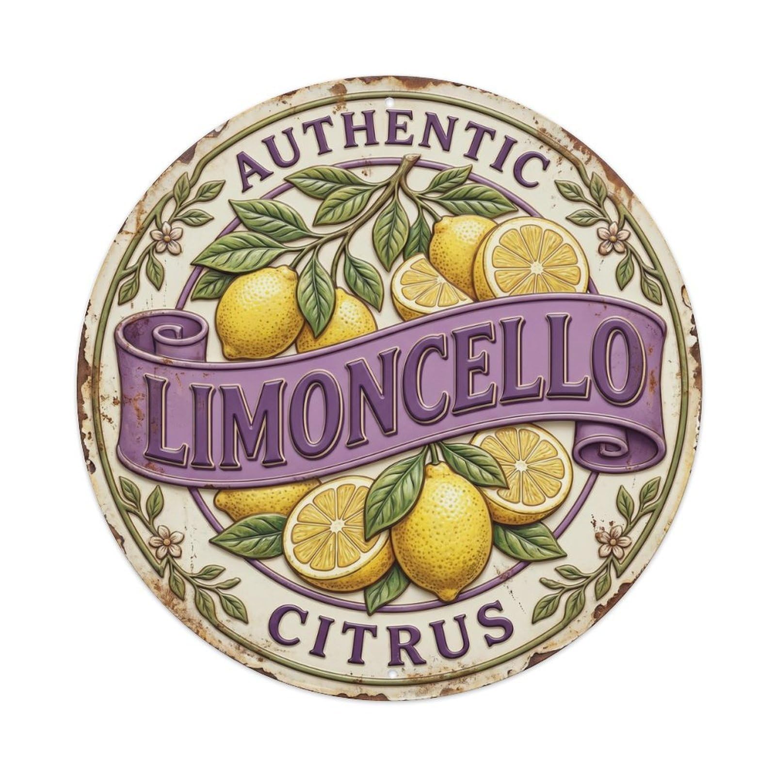 Authentic Citrus Limoncello Vintage Metal Tin Sign Plaque Wall Decor for Cafe, Club, Garden Round Metal Poster 8x8Inch
