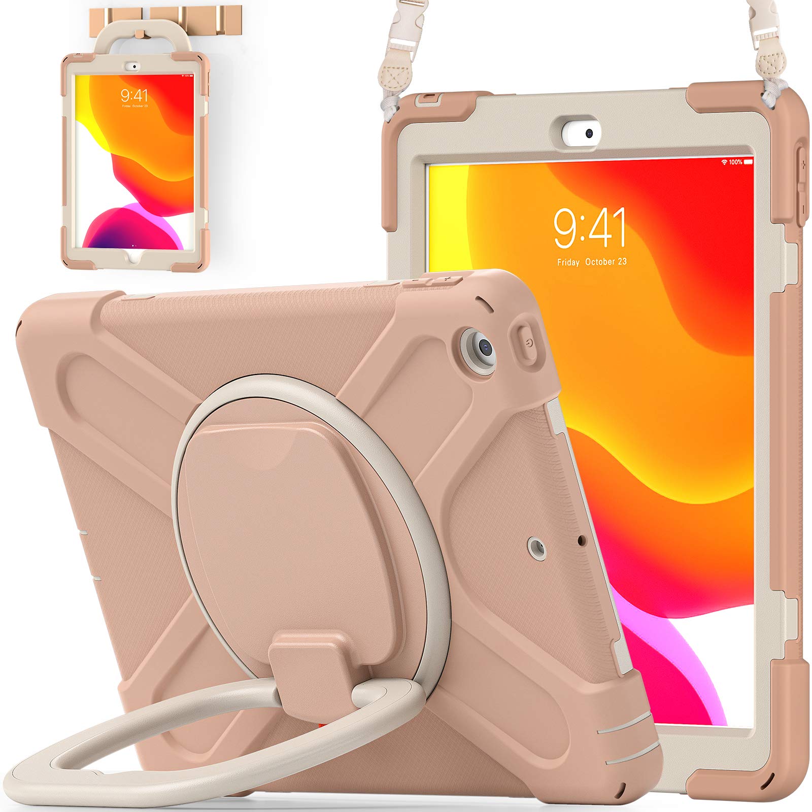 BATYUE for iPad 9th/ 8th/ 7th Generation Case (iPad 10.2 inch Rugged Case 2021/2020/2019) with Screen Protector, Rotating Stand/Pencil Holder/Carrying Shoulder Strap (Rose Gold)