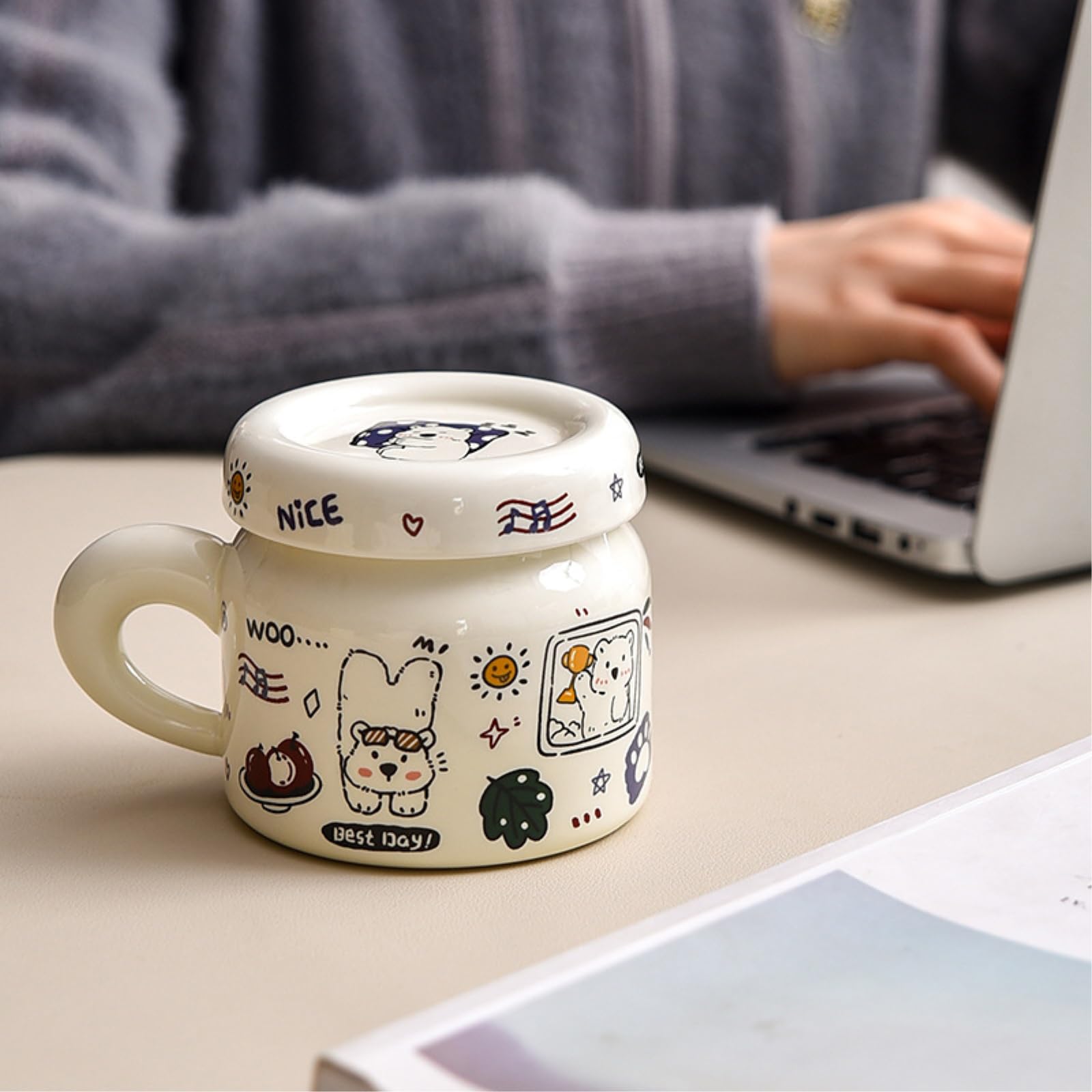 Taza de cerámica para cachorros de 400 ml con tapa, creativa, bonita taza de dibujos animados, divertida y divertida, 400 ml