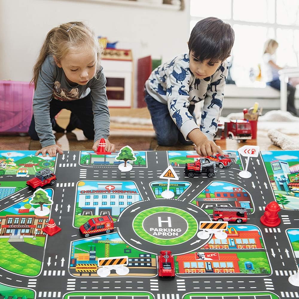 Car Toys Set with Transport Cargo Airplane, Educational Vehicles Fire Fighting Car Set for Kids Toddlers Child Gift for 3 4 5 6 Years Old, Large Play Mat, 6 Trucks Large Plane 11 Road Signs : Toys & Games