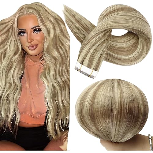 Full Shine Tape in Hair Extensions Real Human Hair 22Inch Color 16 Highlighted 22 Blonde Hair Extensions Tape in 50Gram Pu Tape ins Human Hair Seamless Skin Weft Extension Natural Hair 20Pcs