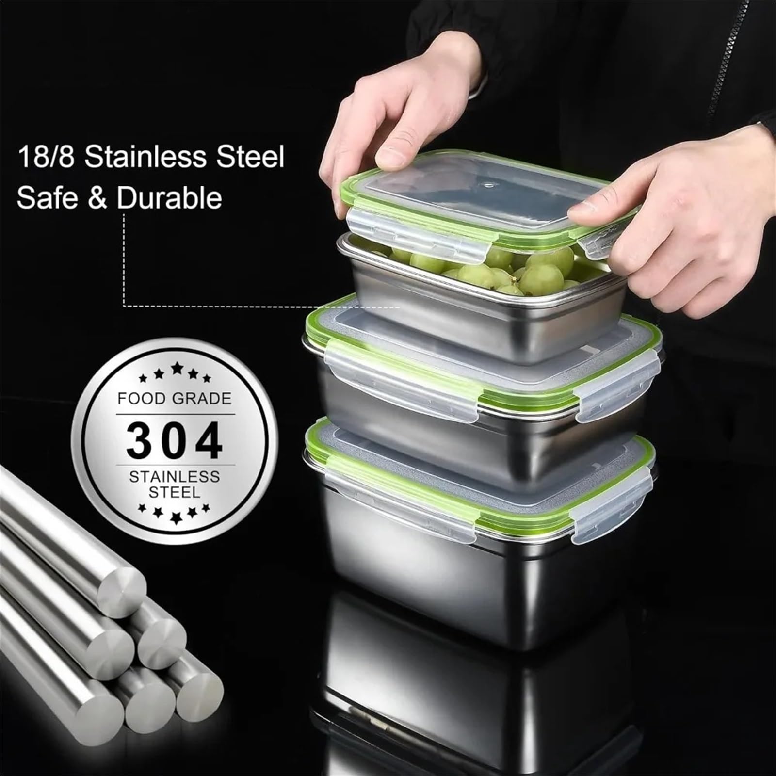 Set di 3 contenitori per alimenti in acciaio inox, quadrati, con coperchio, 400 ml, 750 ml, 1200 ml, per conservare i pasti (3 pezzi)