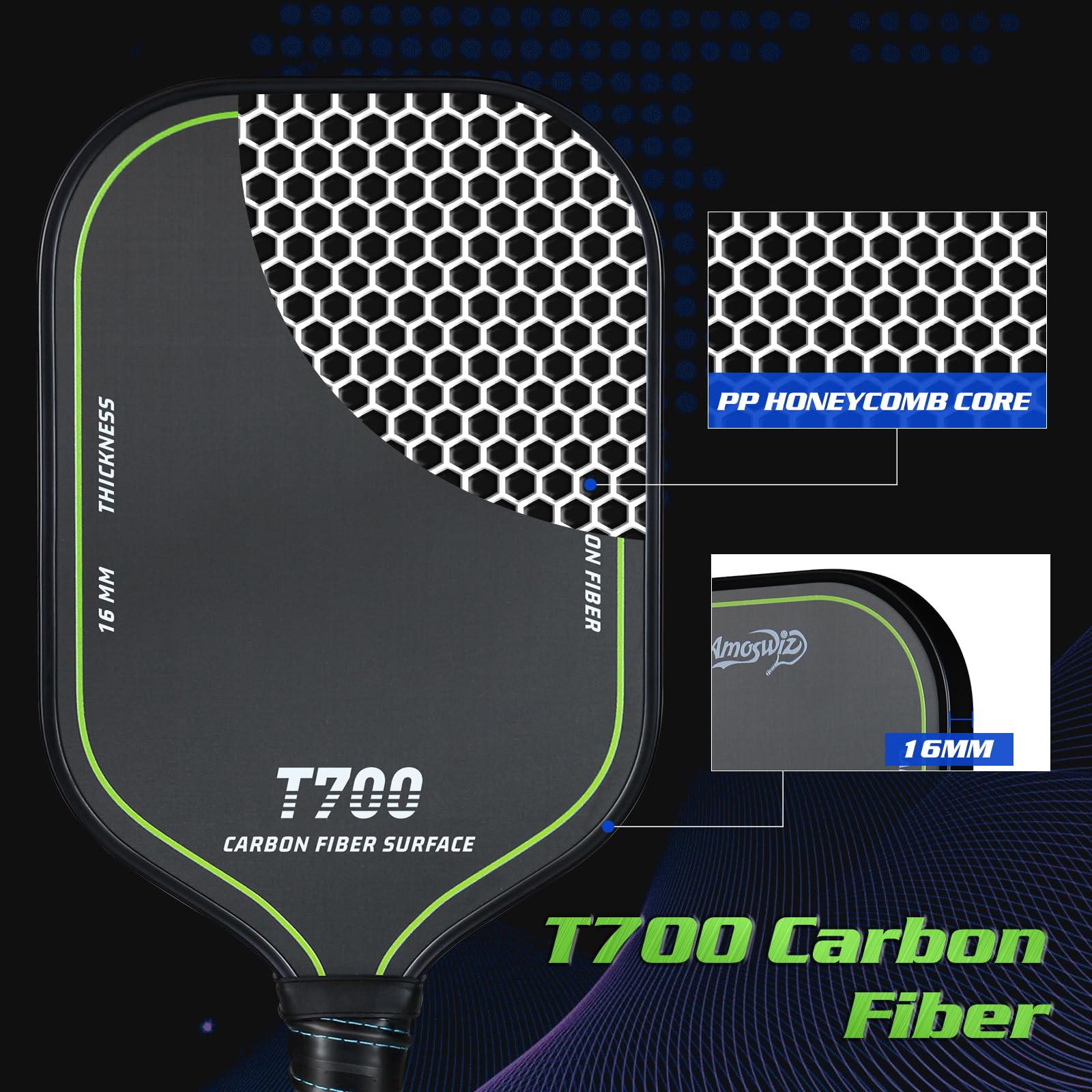Pagaie de pickleball en fibre de carbone, pagaie de pickleball T700, 16 mm, surface texturée pour joueurs professionnels et intermédiaires