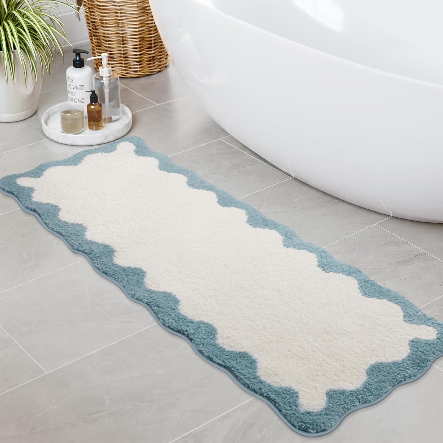 Uphome Bathroom Rug Runner, White Cute Long Bathroom Rug with Blue Irregular Shaped Absorbent Non Slip, 18x47 Machine Washable Soft Shaggy Microfiber Bath Mat for Floor, Tub, Shower