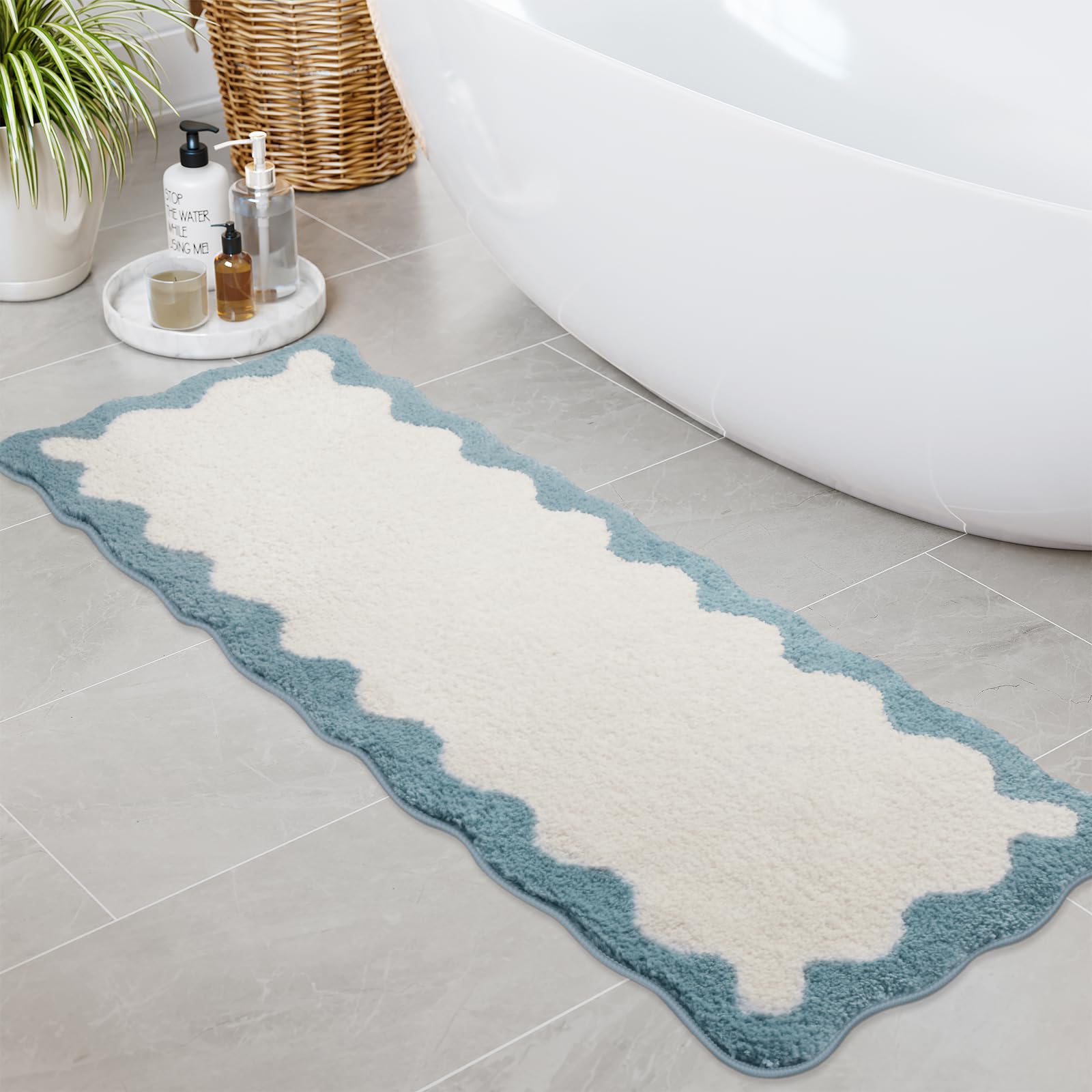 Uphome Bathroom Rug Runner, White Cute Long Bathroom Rug with Blue Irregular Shaped Absorbent Non Slip, 18x47 Machine Washable Soft Shaggy Microfiber