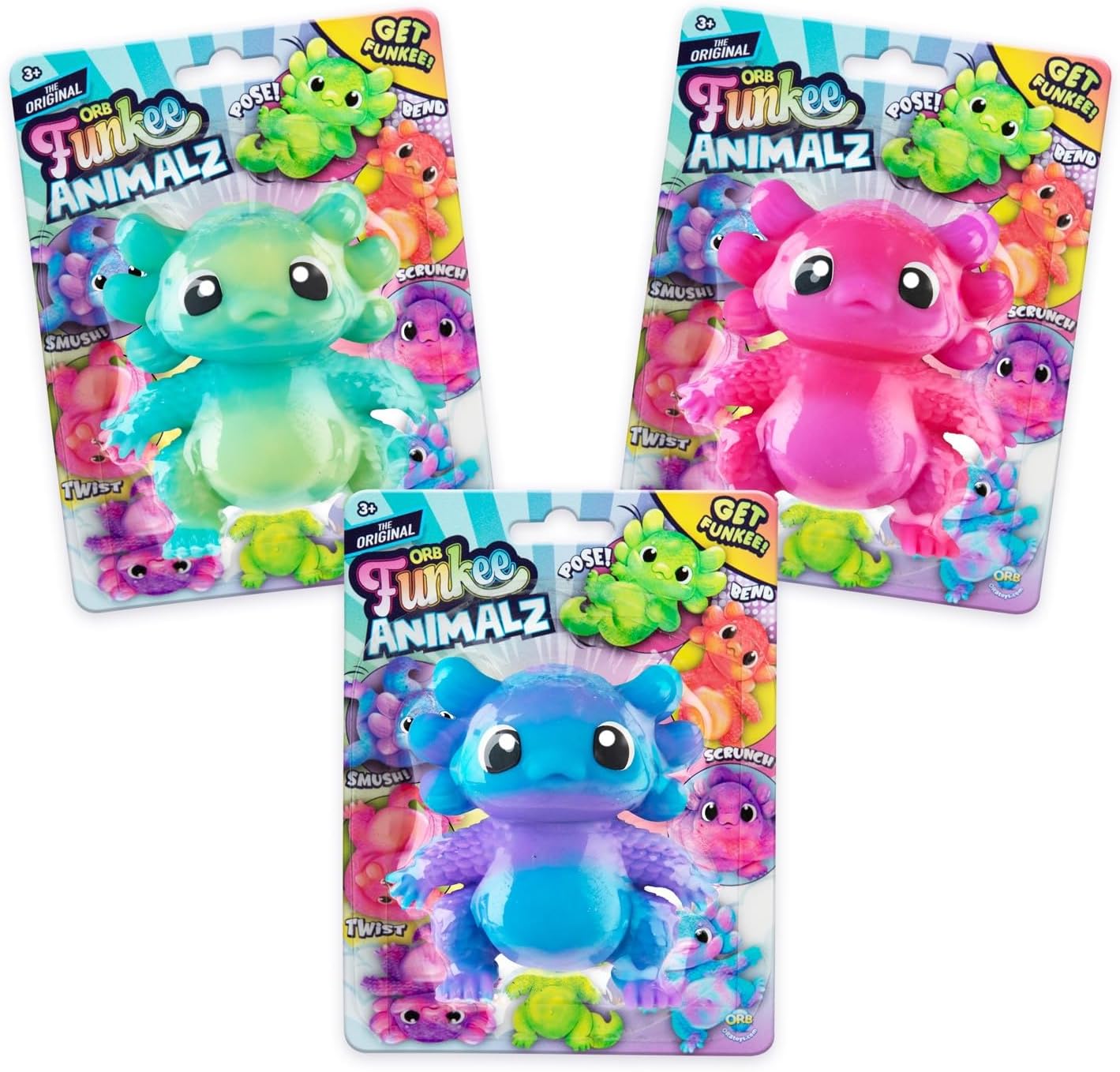 ORB Funkee Animalz Squishy Axolotl Toy Mega 3 Pack - Adorable Stretchy Axolotl Squishy Toys - Fun Axolotl Squishies Stress Ball Toys - Sensory and Fidget Funkee Monkee Axolotl Toys for Kids and Adults
