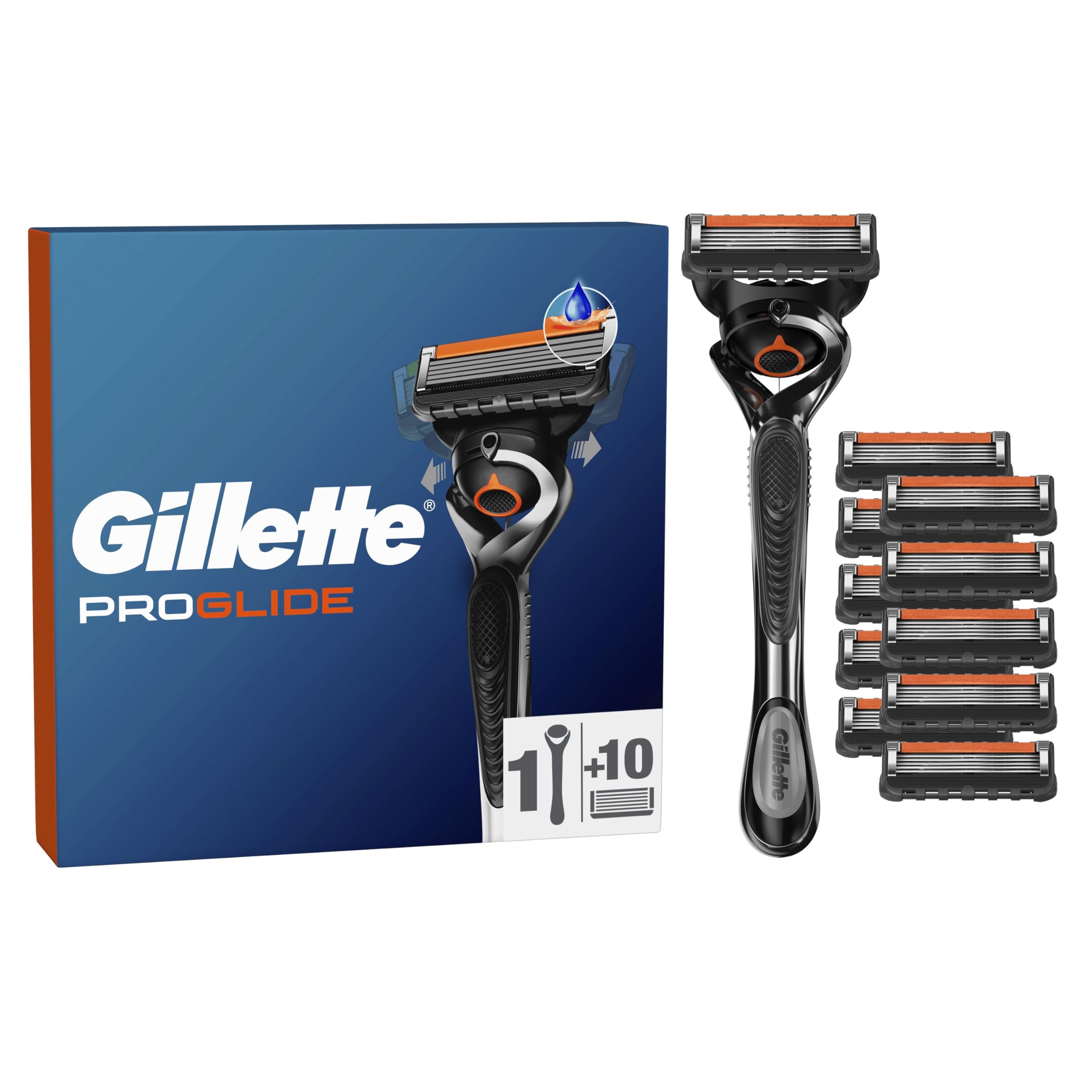 Gillette Proglide Men's Shaver, 10 Refills 5 Blades, Authentic, with Before and After Lubricating Strip for Incredible Close Shave and Comfort, 1 Refill Per 30 Shaves