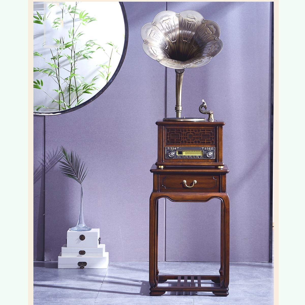 Vintage gramofon Antyczny głośnik Bluetooth gramofon 3 prędkości Średniowiecze styl gramofonu Salon dekoracji wnętrz