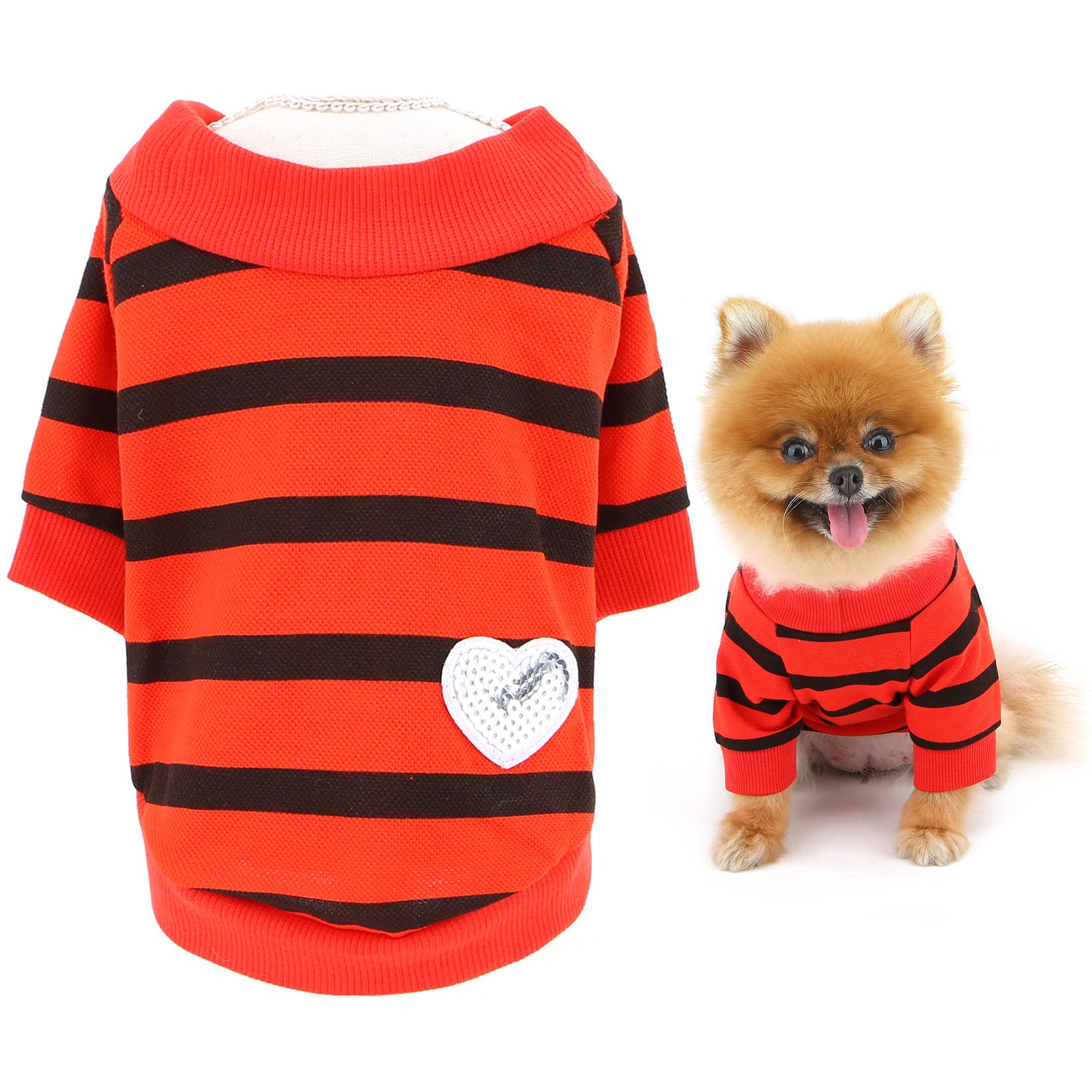 SMALLLEE_LUCKY_STORE Pet Summer Clothes Striped Shirt Top Puppy T-Shirt Tee for Small Medium Dog Cat with Bling Red Heart Yorkie Chihuahua Apparel Red L