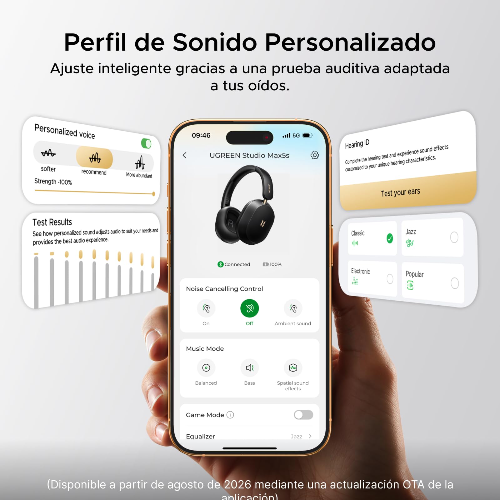 UGREEN HiTune MAX 5s Auriculares Inalambricos Bluetooth ANC 45dB Hi Res | Cascos Cancelación de Ruido Adaptativa 112 Horas 5 Micrófonos BT 6.0 Audio Espacial Aplicación Compatible Conexión Multipunto