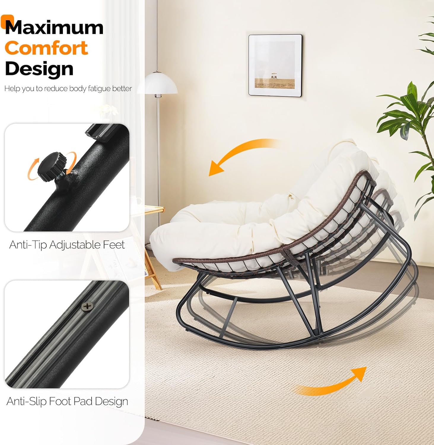 VINGLI Papason Rocking Chair, Iron Frame Wicker Patio Chair with Thick Cushion, Indoor Outdoor Rocker for Bedroom, Porch, Garden, Beige