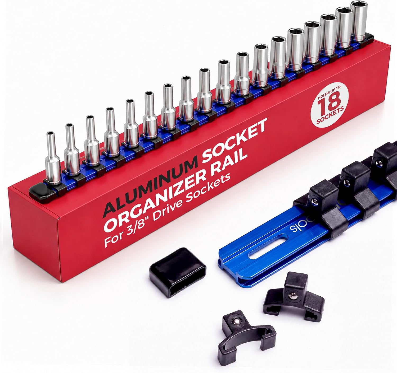 Olsa Tools 3/8-Inch Socket Organizer Rail with Locking Caps, Blue | Locking End Caps, Aluminum Design, Professional Quality Socket Holder, 3/8-Inch Drive, Blue, Part 1175