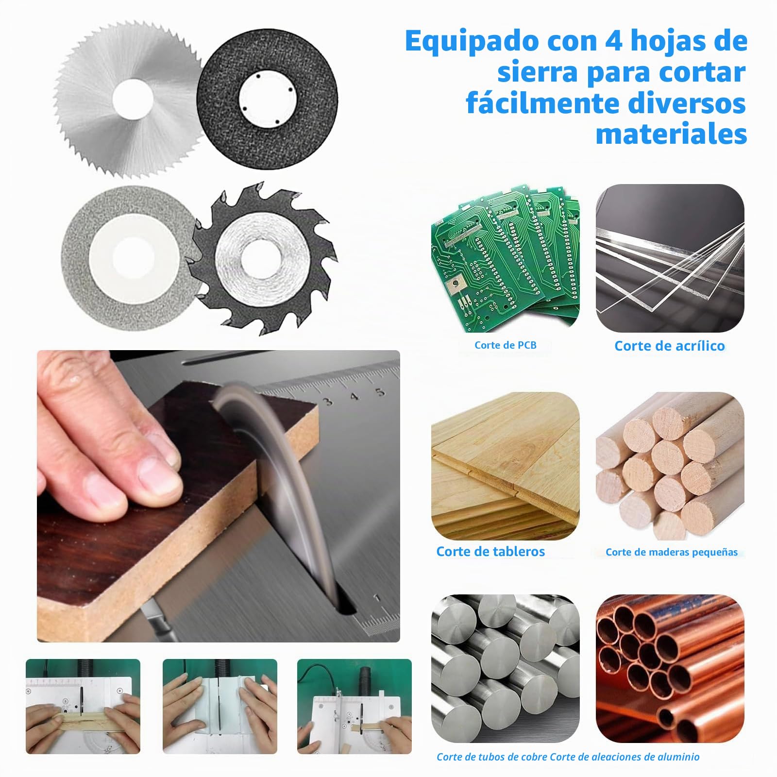 Mini sierra circular sobre mesa con 4 cuchillas, pequeña sierra de mesa de 96 W, con fuente de alimentación de 7 velocidades ajustables, hoja de sierra de 0,1 a 15 mm, altura ajustable, sierra de mesa