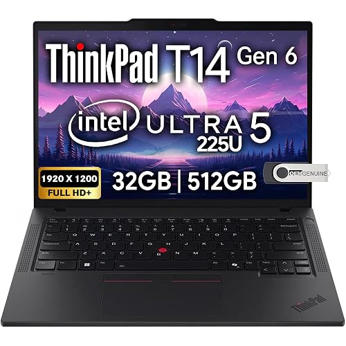 Lenovo ThinkPad T14 Gen 6 Business Laptop 14" FHD+ IPS, Intel Ultra 5 225U, 32GB DDR5 RAM, 512GB SSD, 5MP HD Webcam, Fingerprint, Backlit, Wi-Fi 6E, 2 Thunderbolt 4, AI PC