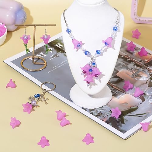 Miniatura 3 de Pandahall - 50 cuentas acrílicas esmeriladas transparentes de flores de 0.63 x 0.47 pulgadas para hacer joyas (rojo violeta medio)