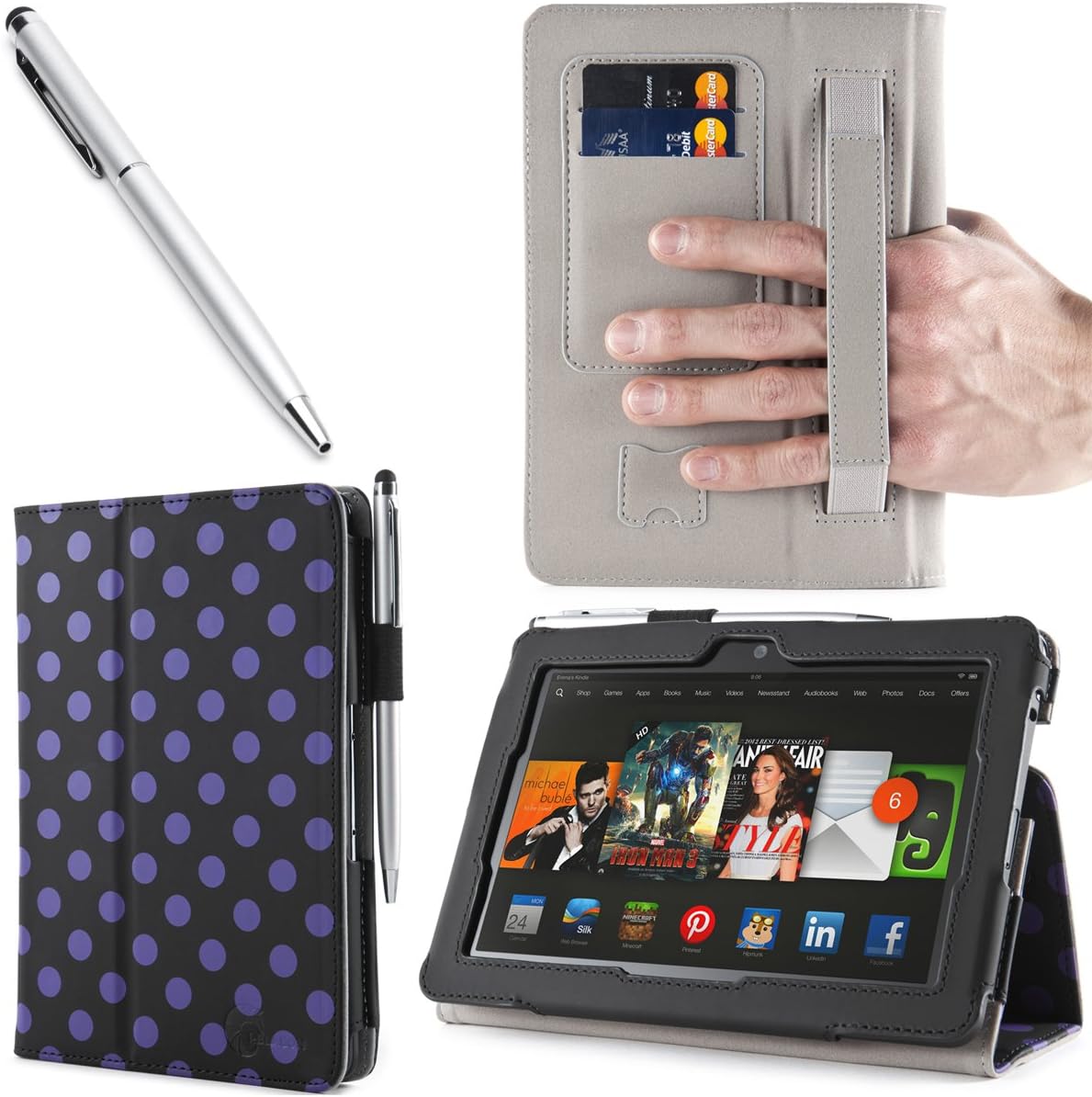 i-BLASON Kindle Fire HDX 8.9 inch Tablet Leather Case Cover / Stylus (Not Compatible with Kindle Fire HD 8.9 2012) One Year Warranty (Black)