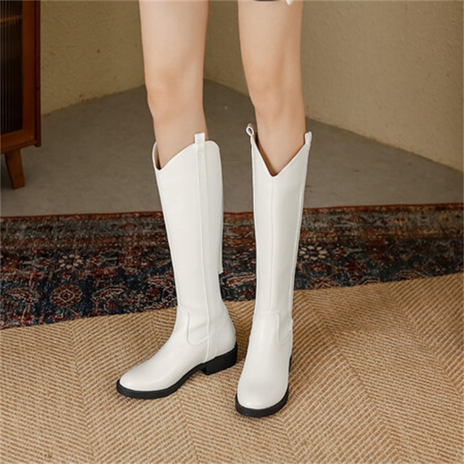 Botas de mujer negras – Botas de equitación de piel sintética, botas occidentales, botas de vaquero, botas de invierno, botas de cuero, botas de trabajo, botas altas, botas planas, tallas 34-39