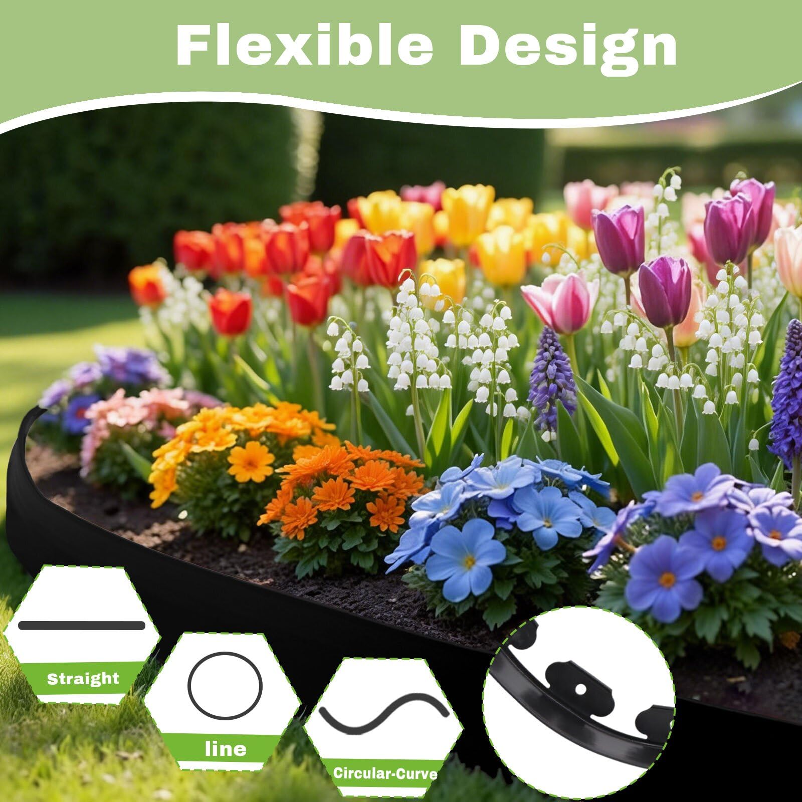 Bordure de Jardin Flexible 10m, Hauteur 5cm, avec 30 Piquets, 1 connecteur et 1 Petite Pelle, pour pelouse, Parterre Jardin. (Noir, 5cmx10m)