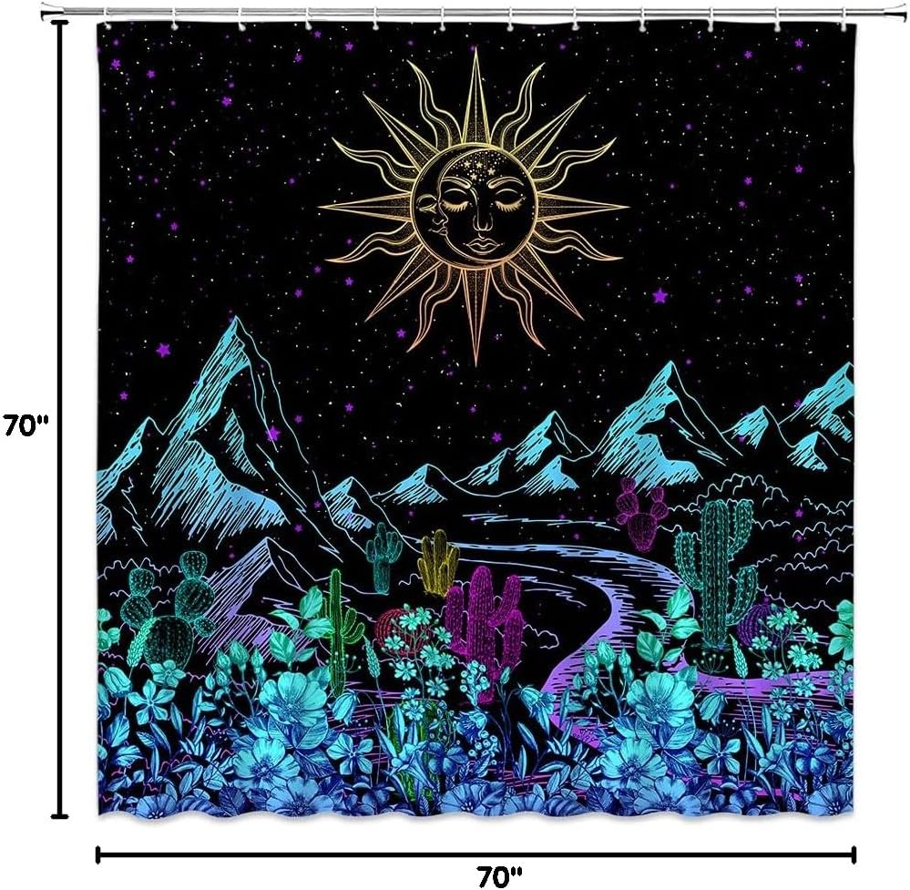 Colorful Abstract Mountains Shower Curtain Sun Moon Mountain River Cactus Natural Plants and Flowers Hippie Teen Bathroom Decoration with Hooks