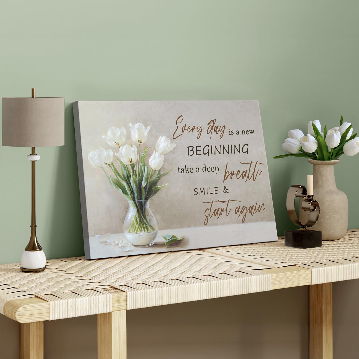 NymphFable Framed Motivational Botanical Wall Art Decor, Flower in Vase with Everyday Is A New Beginning Quote - Image 2