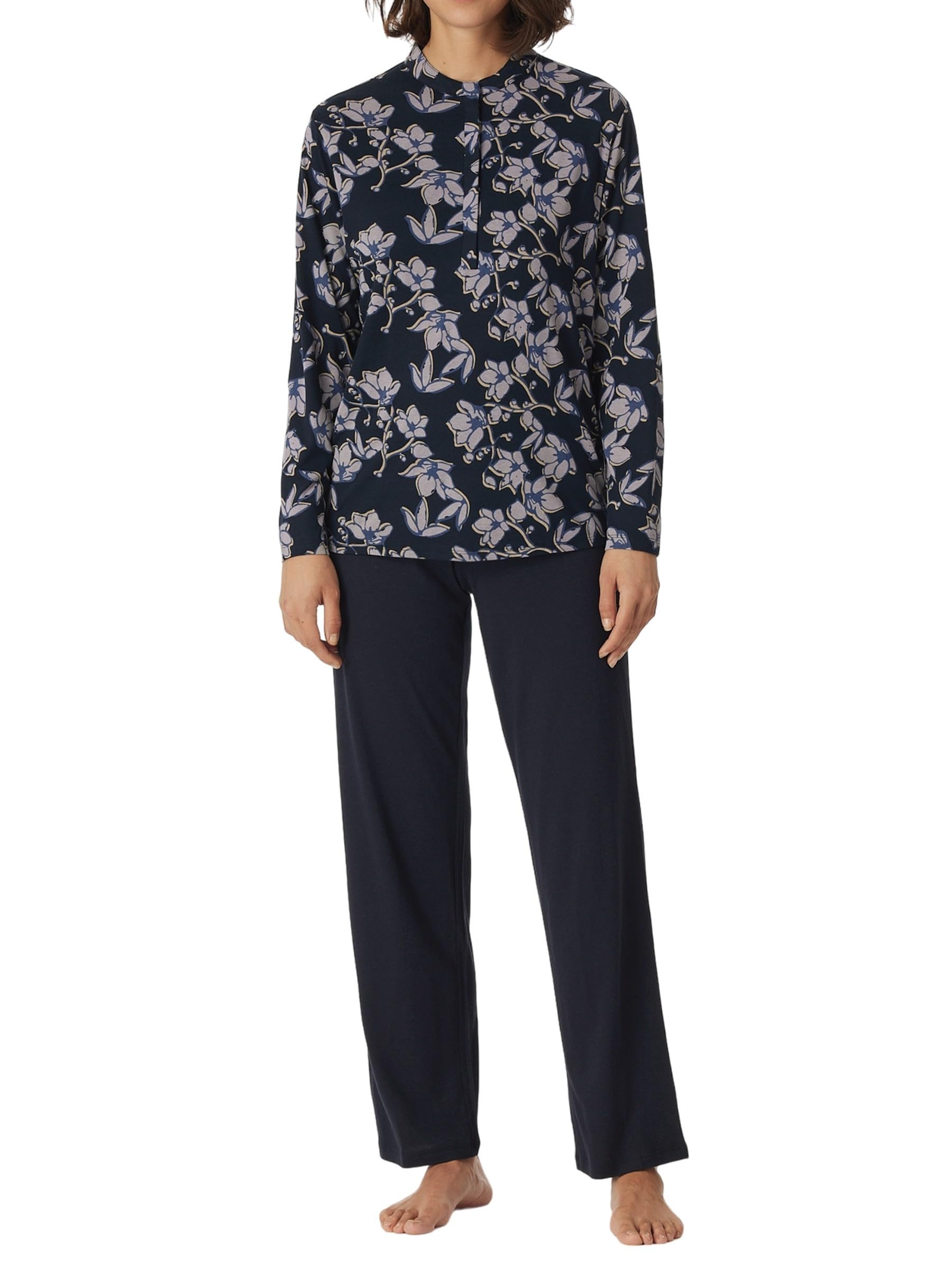 Schiesser Pigiama Lungo Donna In Cotone 100% – Casual Essentials A Righe Con Maglia A Maniche Lunghe E Pantaloni Tinta Unita – Comodo E Morbido Per Il Riposo