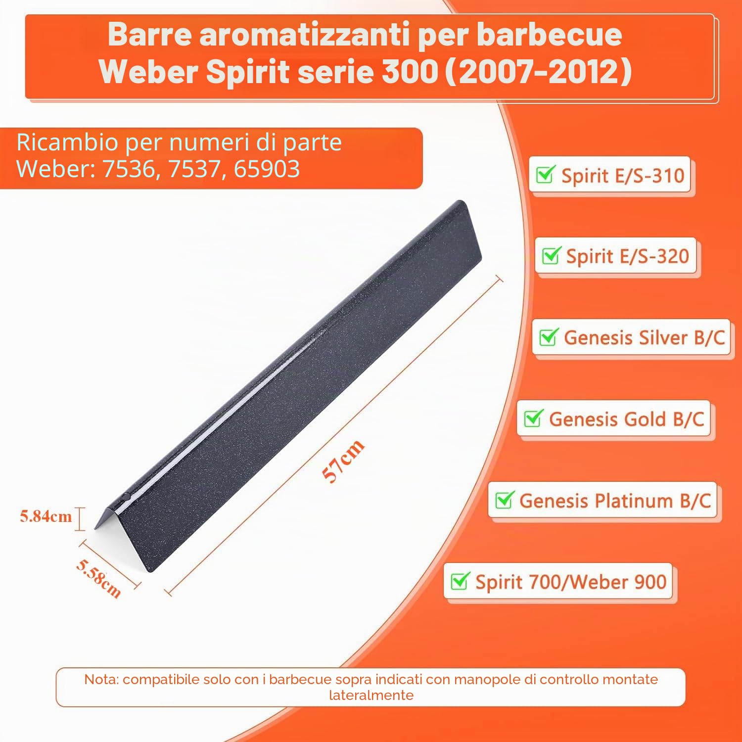 GFTIME 7537 57,2 CM Barre per aromatizzanti per Weber Spirit 300 310 E310, Porcellana smaltata Piastra di calore per Weber Genesis Gold Silver B / C 7537, 65903, (con manopole di controllo laterali)