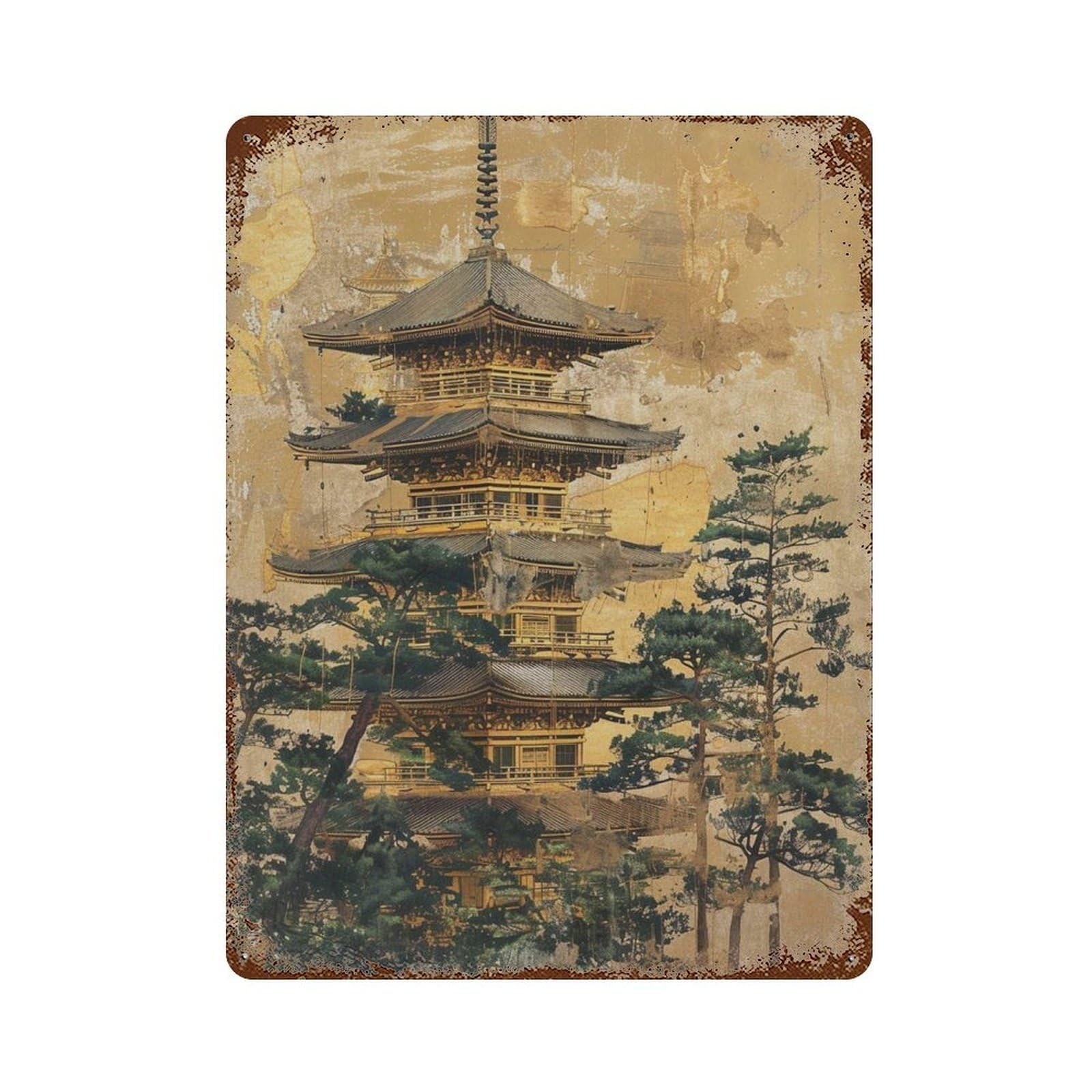 xiaoxiaoshen Japanese Pagoda Traditional Temple Gold Foil Style Asian Architecture Zen Japan Wall Decor Art Metal Tin Poster Modern Home Decor Art Home Bar Shop Decorations Vintage Sign 40x30cm