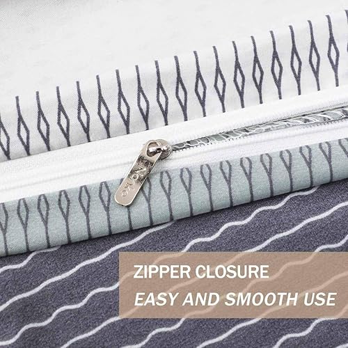 Miniatura 5 de Nanko Juego de funda de edredón tamaño matrimonial, 3 piezas de 80 x 90 pulgadas, color gris, menta, verde, a rayas, estampado de microfibra de