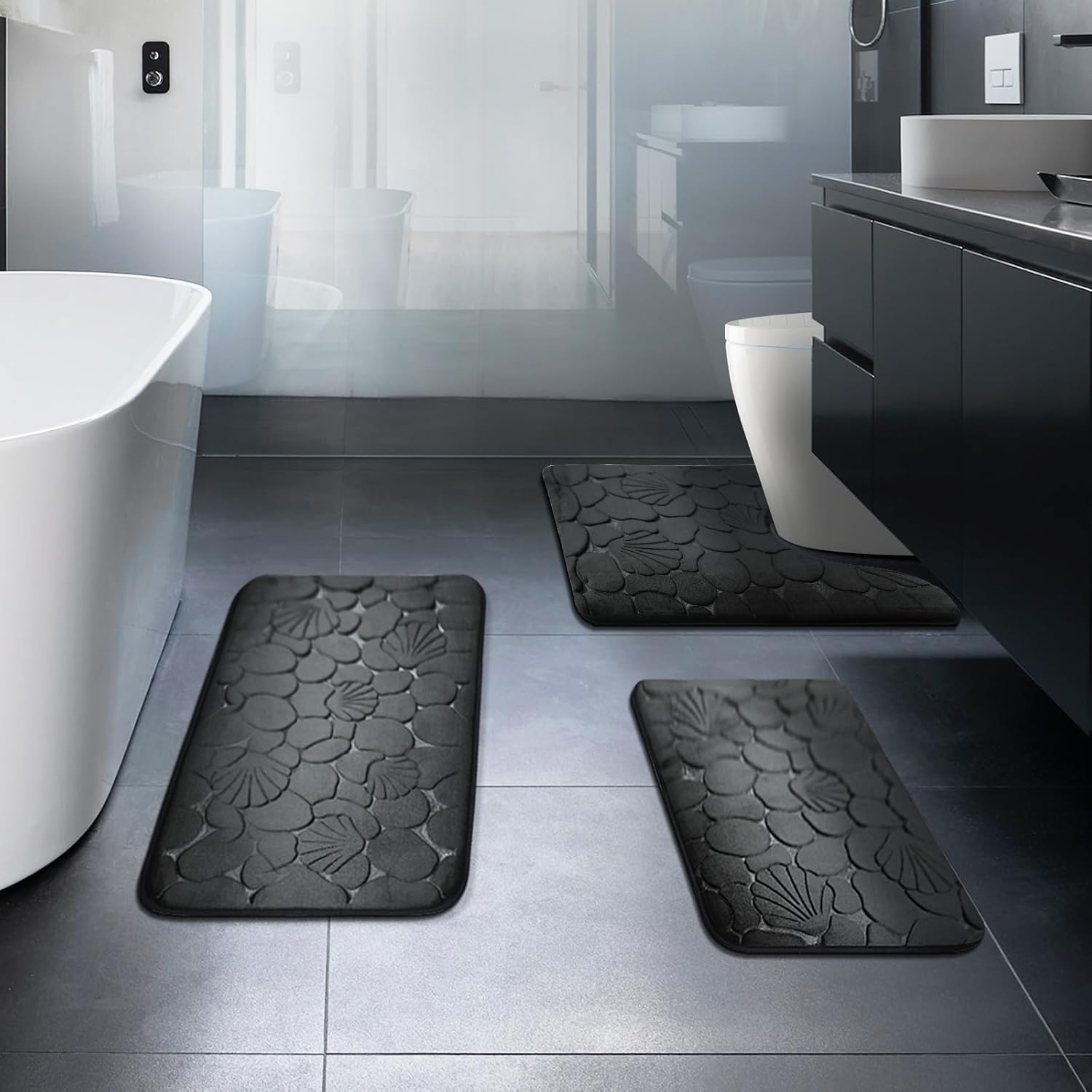 Black Memory Foam Bathroom Rugs Sets 3 Piece with Rubber