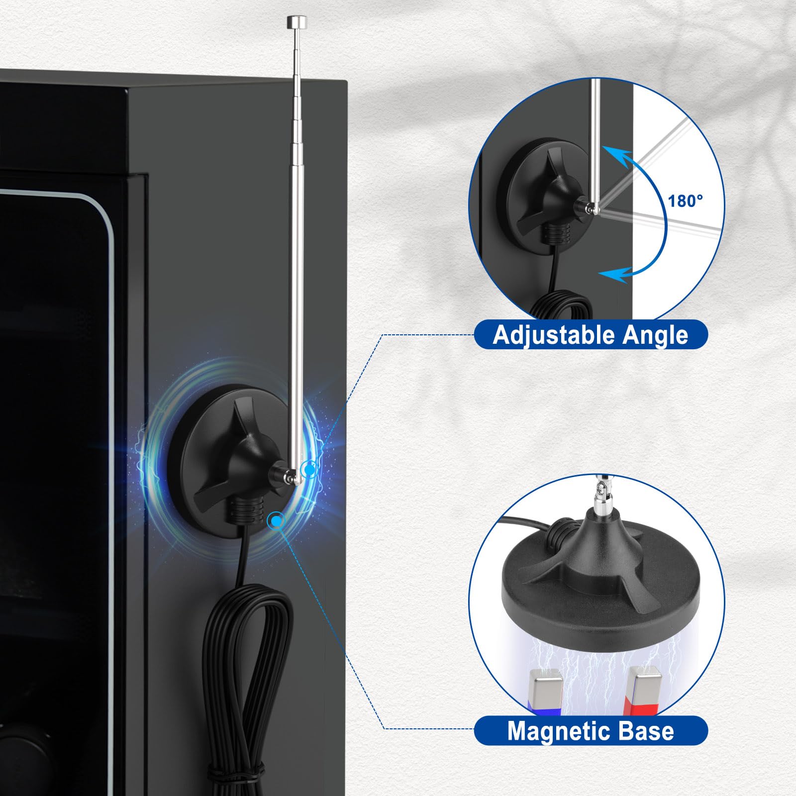 Eightwood Antenna Radio FM DAB Telescopic Digitale 75 Ohm con Base Magnetica Extension 2.5M Cable