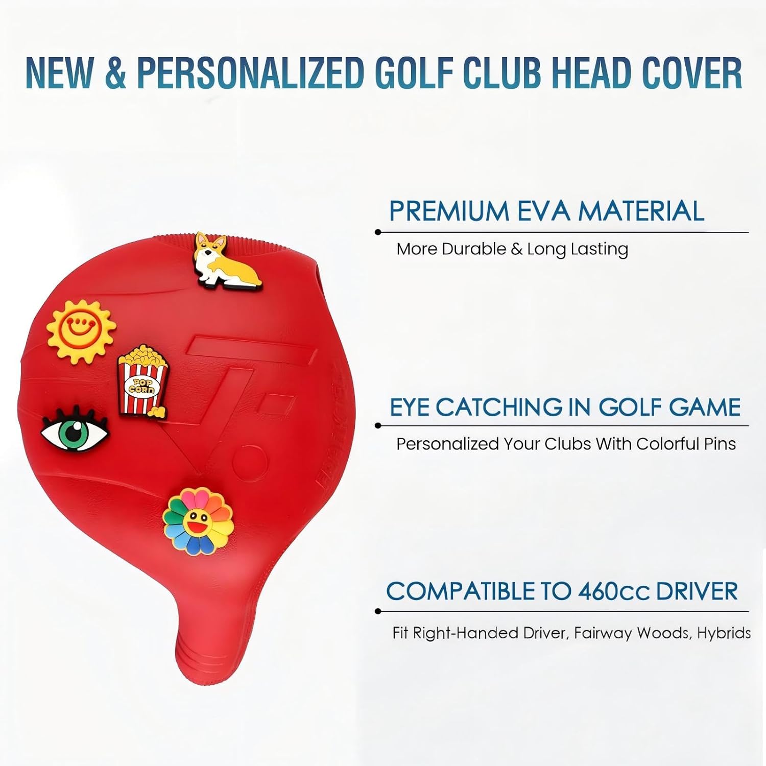 Snap-On Golf Club Covers for Right-Handed Golf Clubs, Easy On Off in 1 Second, Fits 460cc Drivers, Washable EVA Plastic with Shaft Lock, DIY Pins for Customization