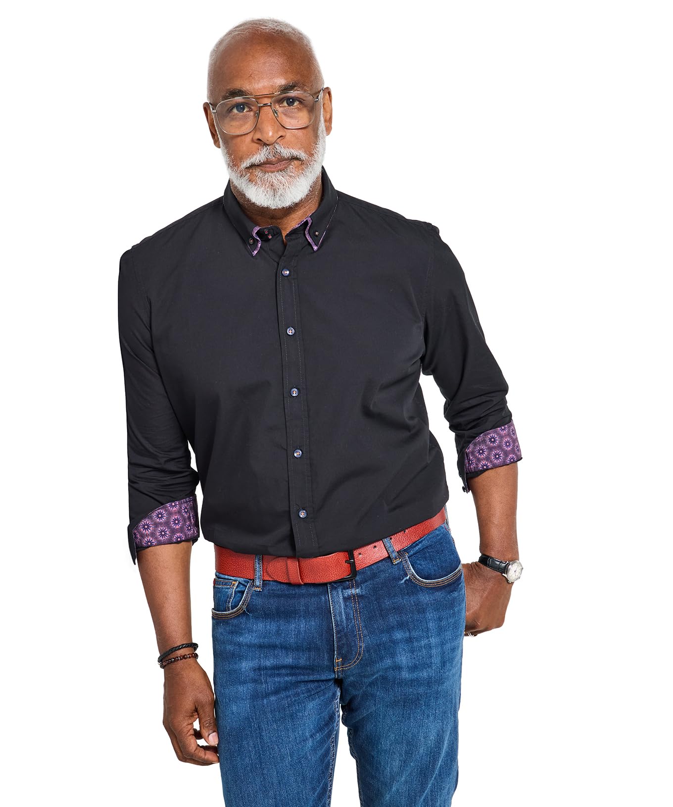 Joe Browns Men's Contrast Trim Double Collar Shirt, Black, XL