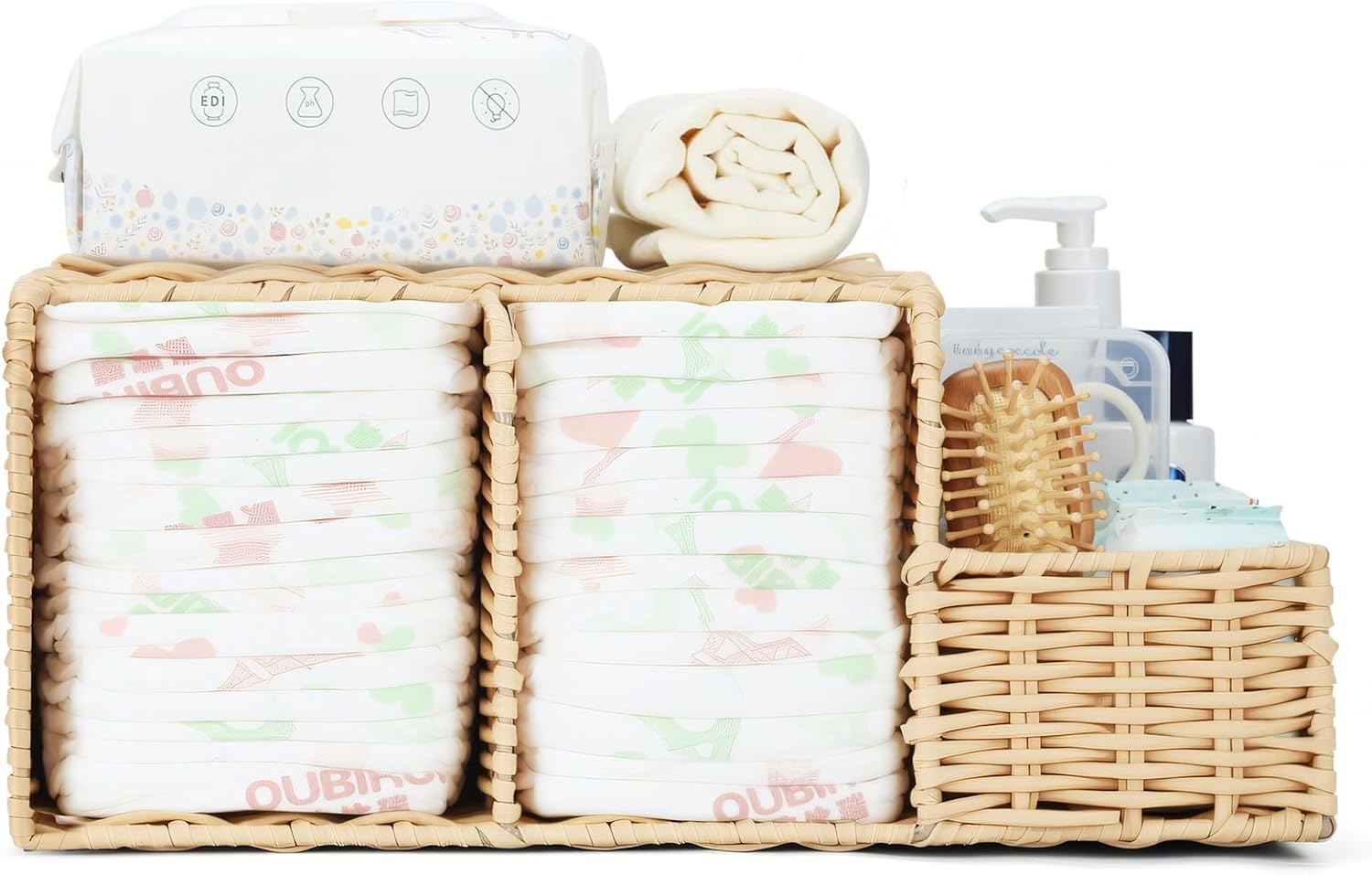 Diaper Caddy Organizer, Hand Rattan Nursery Storage Basket for Baby Essentials, Baby Changing Table Organizer Perfect Nursery Assistant (Natural Light Woven - Style 1, M)