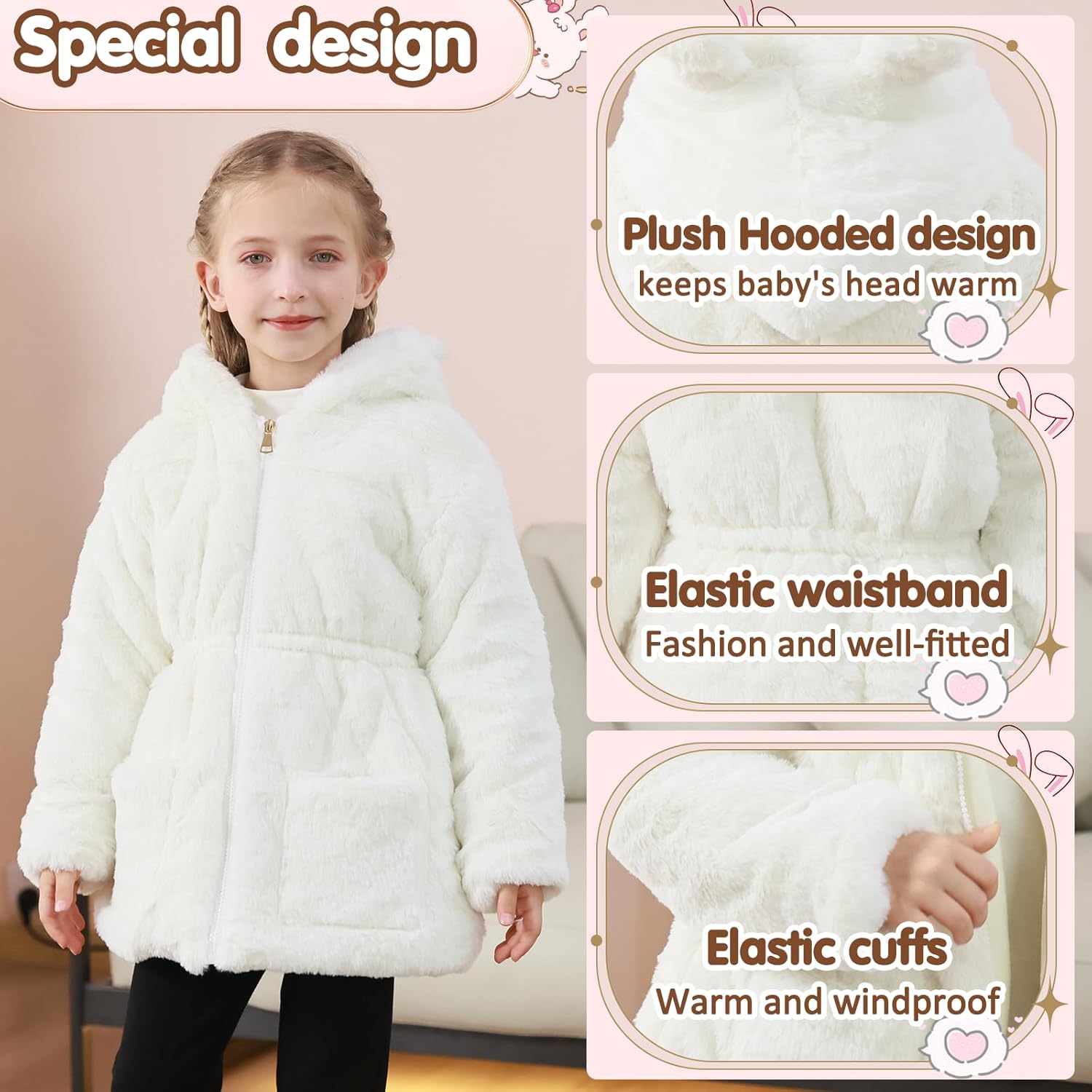 UVIPC Toddler Girls Winter Coat Fleece Jacket Overcoat Kids Faux Fur Hooded Outwear Clothes Warm Thicken 1-8 Years
