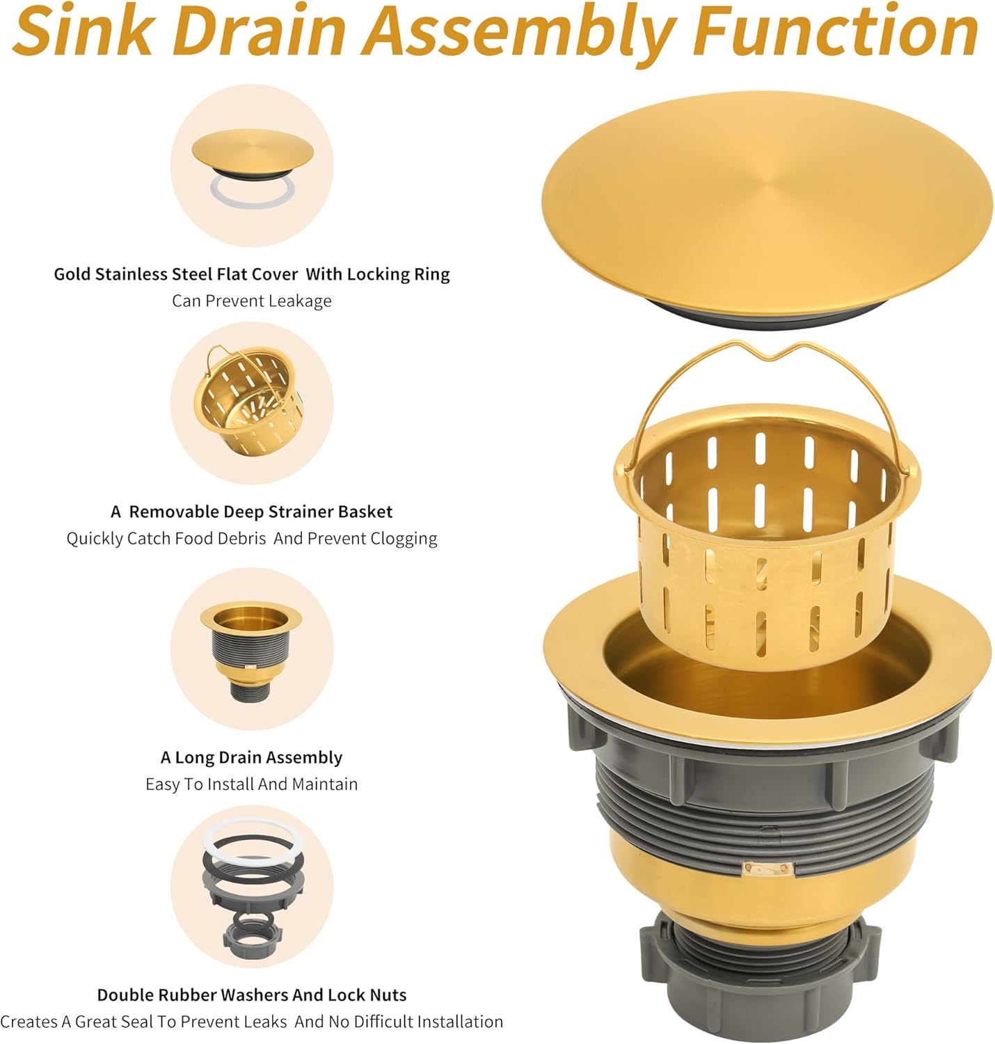LQS Kitchen Garbage Disposal Flange and Stopper, Fit 3-1/2 Inch Standard Drain Hole, Golden Color, Stainless Steel Sink Drain With Removable Deep Waste Basket and Flat Cover