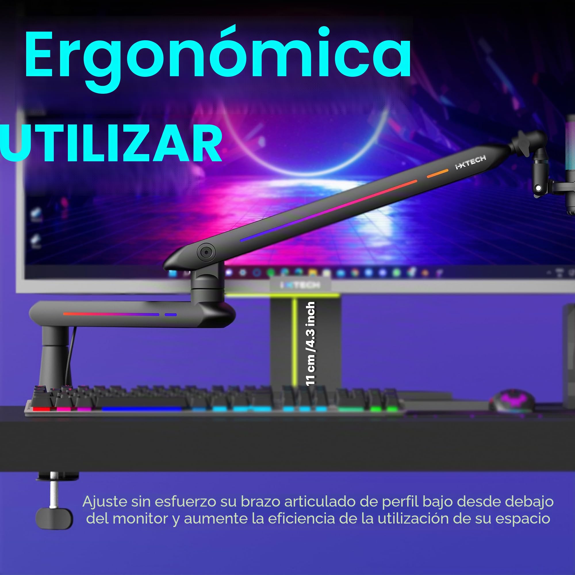 IXTECH Brazo de brazo RGB de perfil bajo para micrófono, soporte de brazo de micrófono ajustable con abrazadera de montaje en escritorio, soporte giratorio para micrófono con gestión de cables para