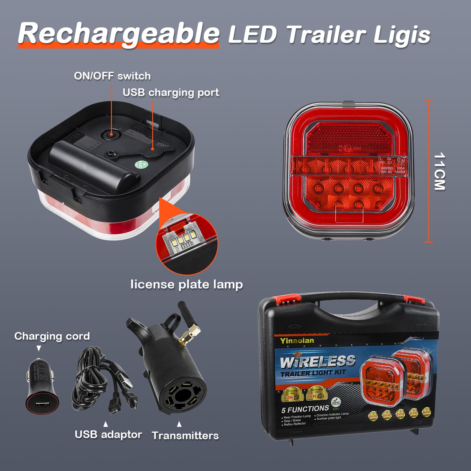 NEONLG Wireless Magnetic Trailer Light Kit - IP67 Waterproof, Rechargeable LED Tail/Brake/Turn Signals, 100ft Range