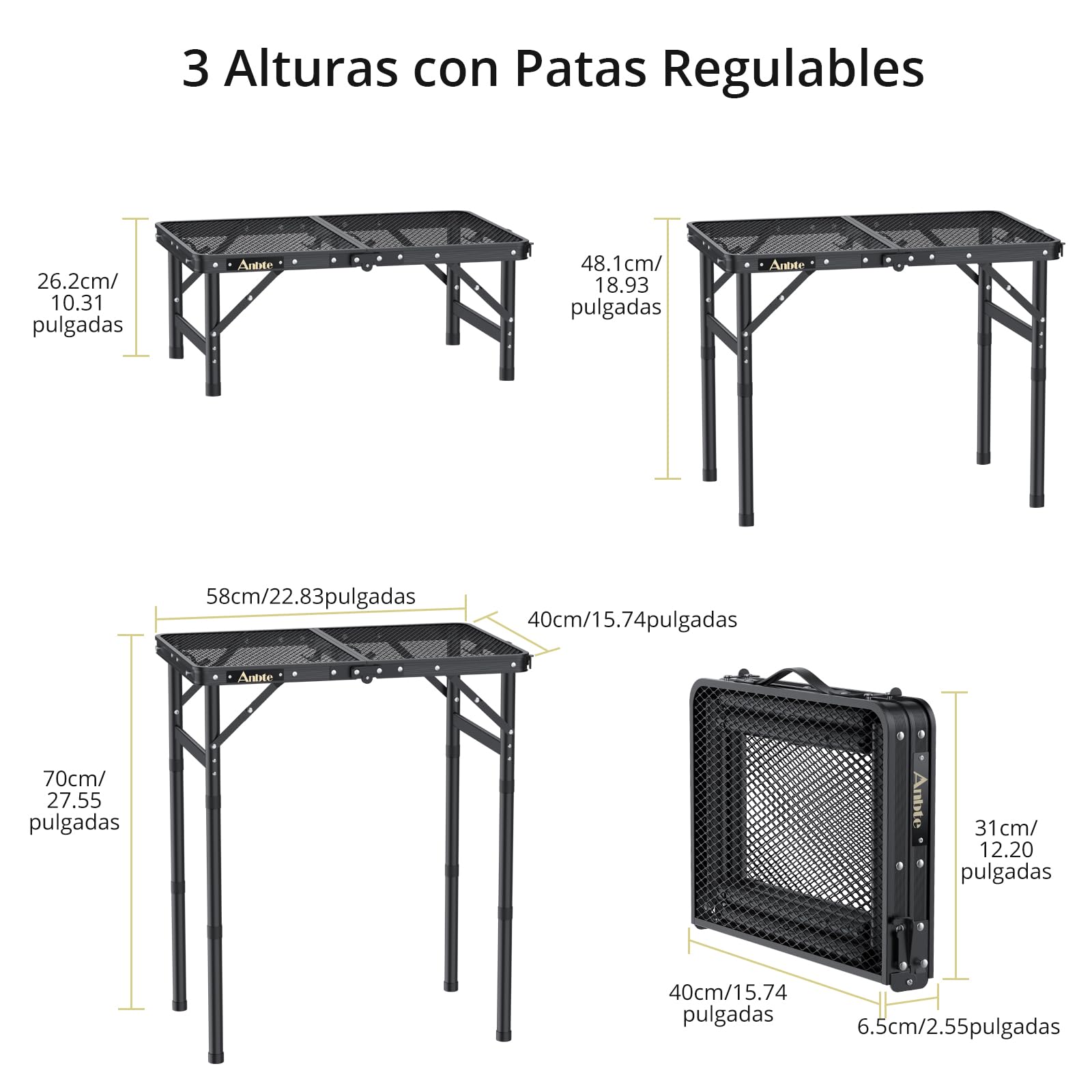 Anbte Mesa Plegable Camping 58 x 40 x 26-48-70cm, Mesa Exterior BBQ Portátil de Malla Metálica Impermeable 3 Altura Ajustable para Exterior/Barbacoa/Jardín/Playa Color Negro