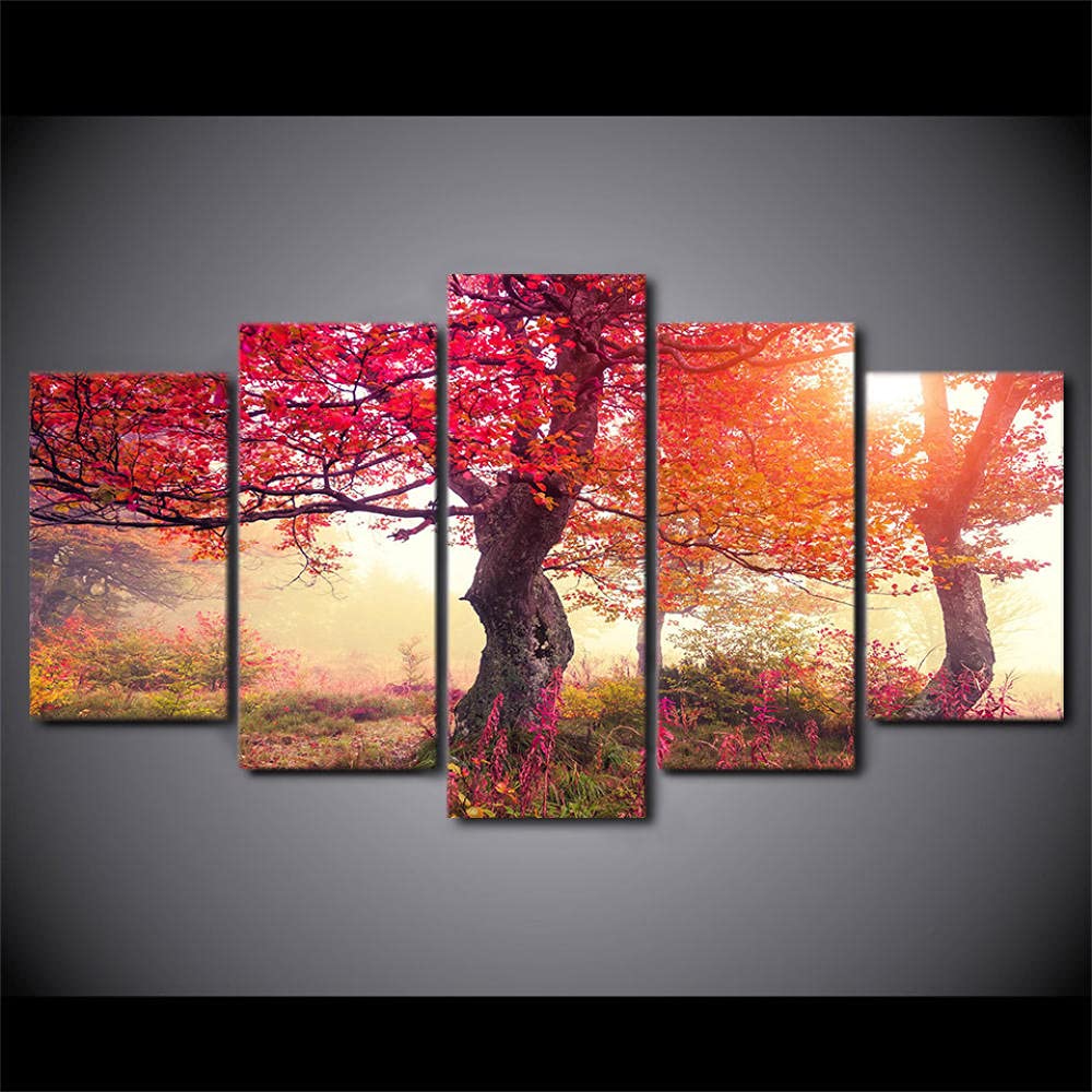 YUANJUN 5 Pezzi Alberi Rossi Stagioni Alberi Foresta Pittura 5 Pannelli