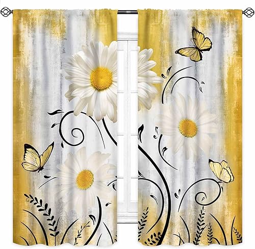 Miniatura 3 de Cortinas rústicas de cocina con margaritas, flores amarillas, margaritas, madera, naturaleza, granja, retro, sala de estar, dormitorio, cortinas de