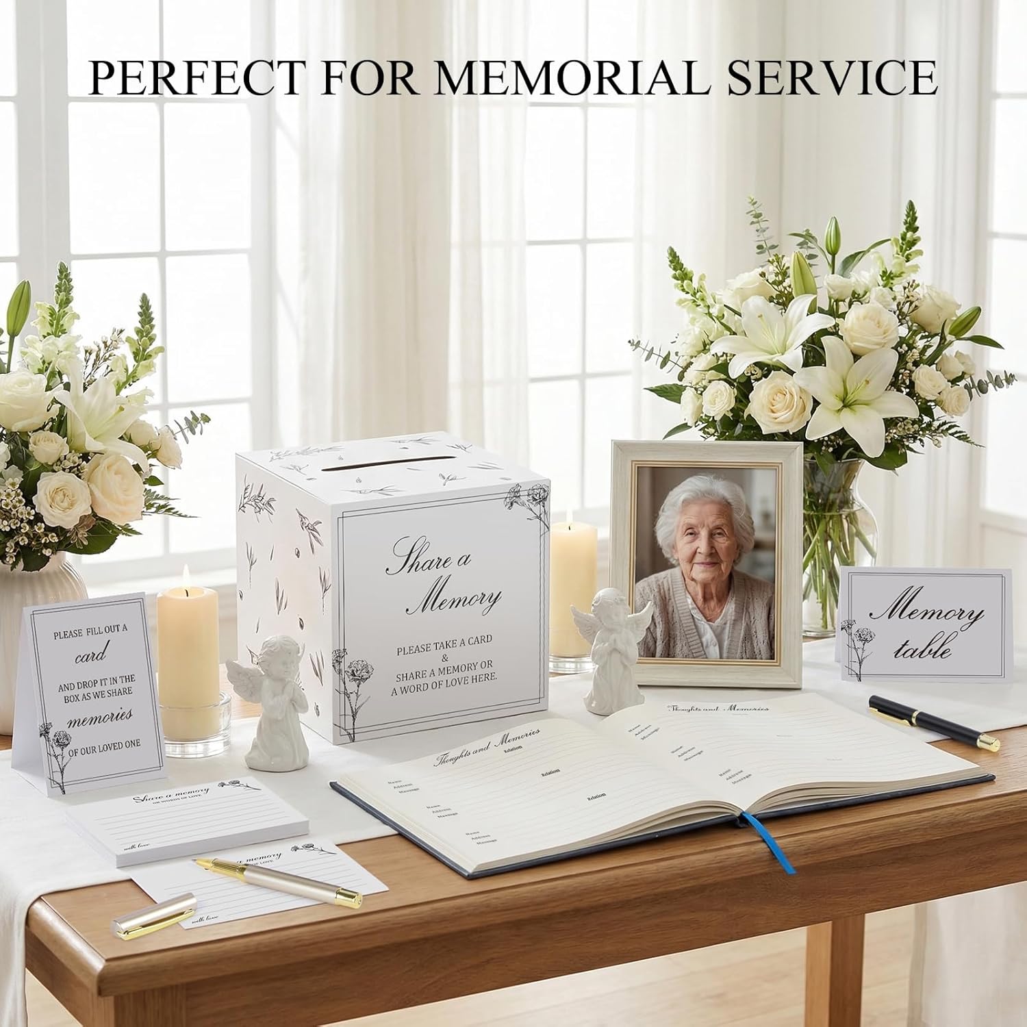 Funeral Guest Book Set with 50 Memory Cards, Drop Box & Pen for Celebration