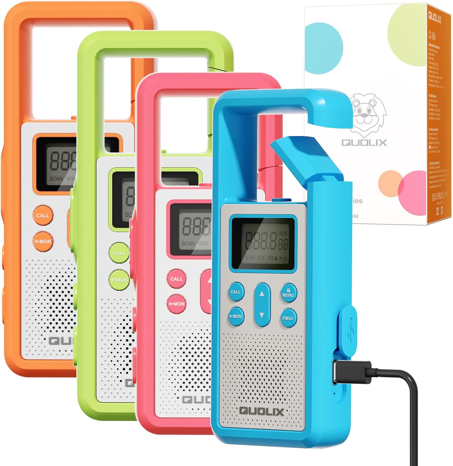 QUOLIX Kids Walkie Talkies 4 Pack Rechargeable with SOS Alarm/NOAA/VOX/Flashlight, Durable 1020mAh Battery Radios for 3-12 Year Old Boys Girls, Outdoor Camping Group Games Birthday Set