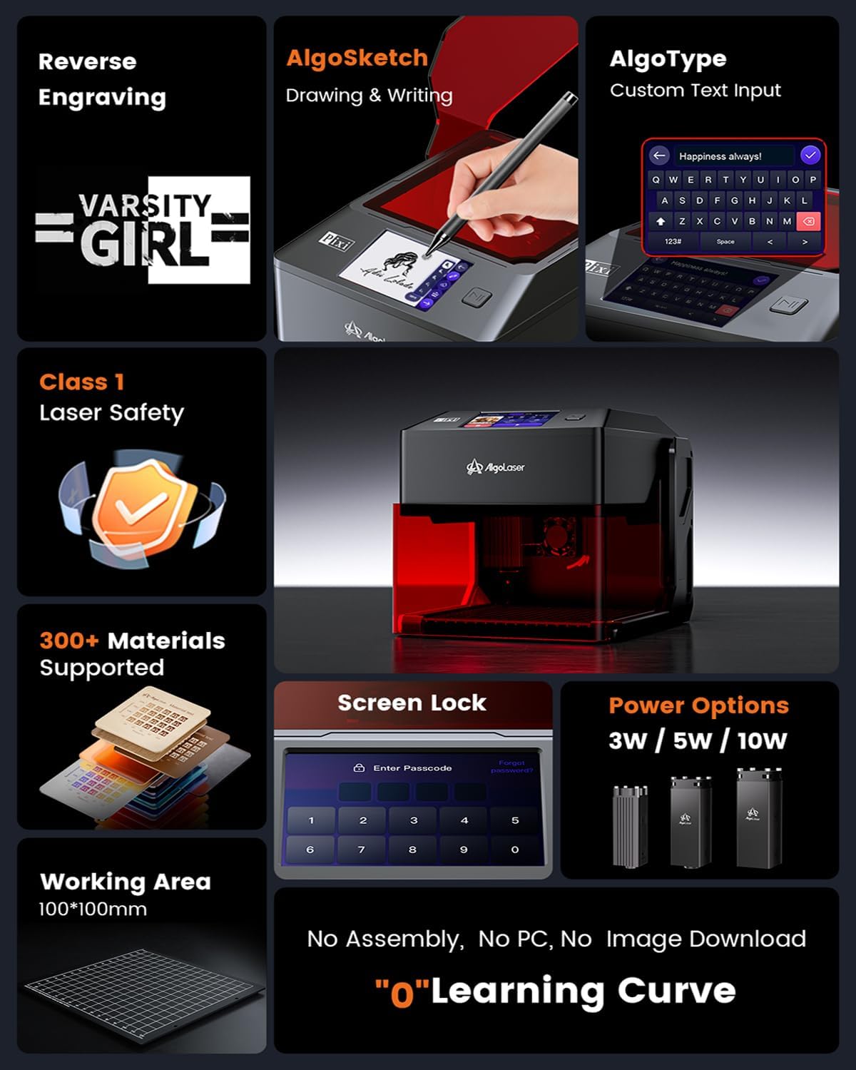 AlgoLaser Pixi Smart Laser Engraver - 10W Portable Laser Engraver Machine with 3.5" Touchscreen & AlgoOS System & APP - Laser Engraving for Wood, Acrylic, Glass, Beginner & DIY Gift & Small Business
