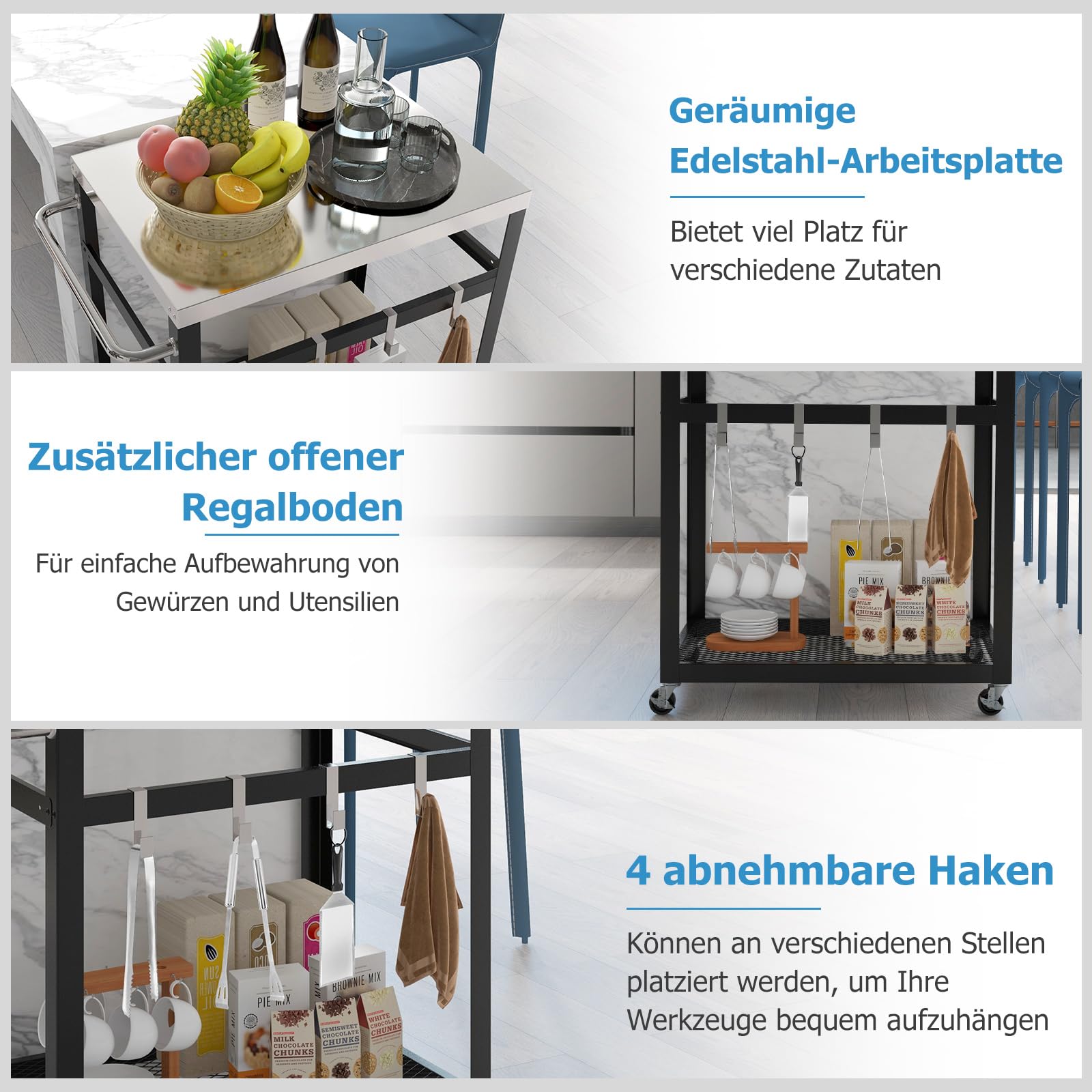 COSTWAY Grillwagen Outdoor, Grilltisch mit 2 Ablagen & 4 Rädern & Griff & 4 Haken, Pizzatisch Servierwagen für Garten Terrasse