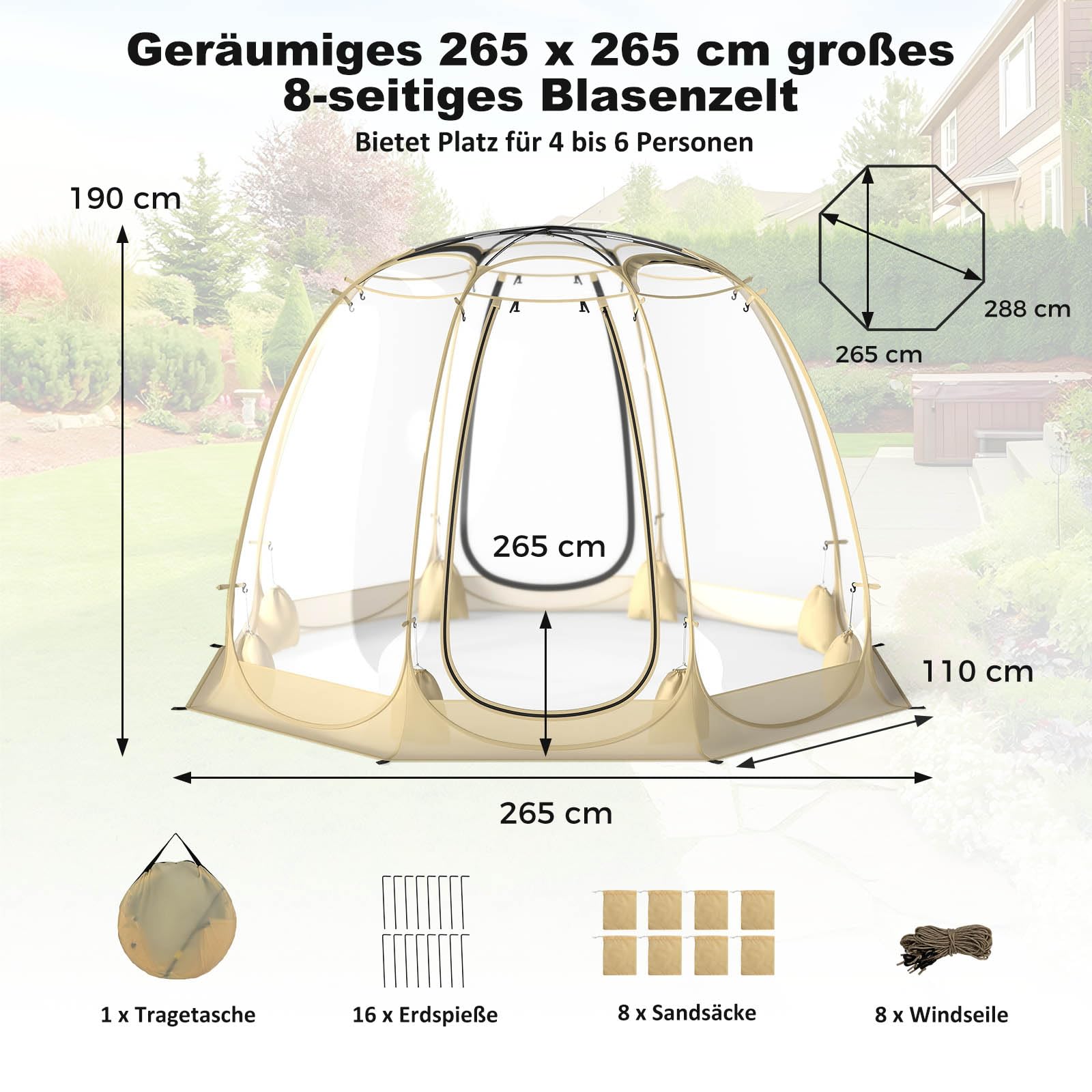 COSTWAY Pop Up Bubble namiot - przezroczysty namiot z PCW, 265 x 265 cm, odporny na warunki atmosferyczne, dla 5-6 osób, przenośny namiot kempingowy, do użytku na zewnątrz, do ogrodu, na taras