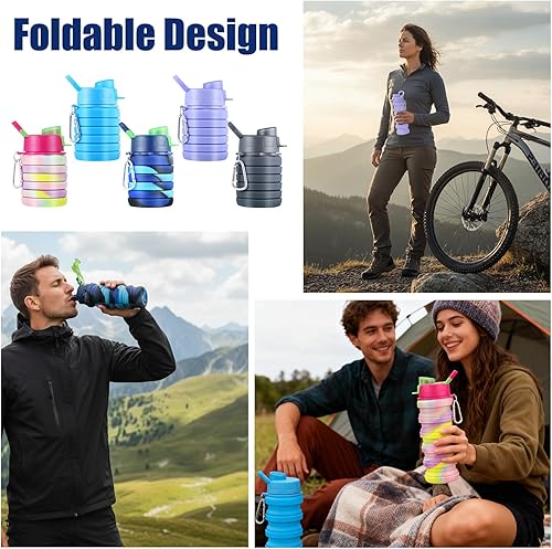 Miniatura 4 de 5 botellas de agua plegables, botella de agua plegable portátil de 16 onzas con clip de metal, botella de agua de viaje a prueba de fugas, botellas