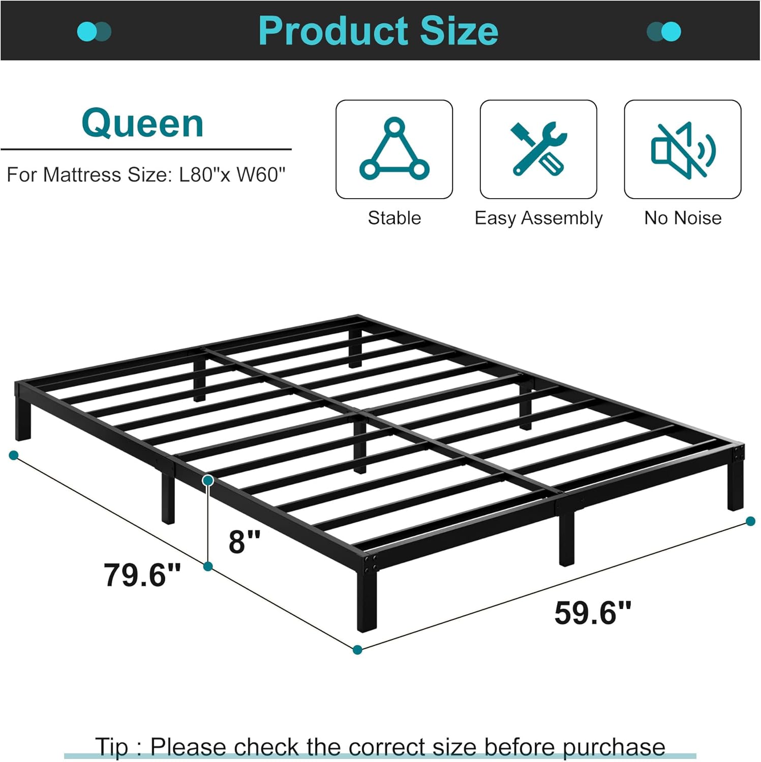 8 Inch Bed Frame Queen Size No Box Spring Needed, Heavy Duty Queen Platform Metal Bed Frame Support Up to 3000 lbs, Easy Assembly, Noise Free, Black - Image 2