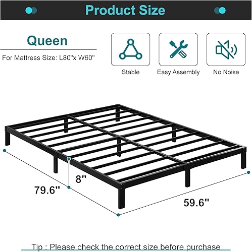 Miniatura 44 de Marco de cama Queen de 16 pulgadas, no necesita somier, plataforma de metal resistente tamaño Queen, soporte de hasta 3000 libras, fácil montaje,