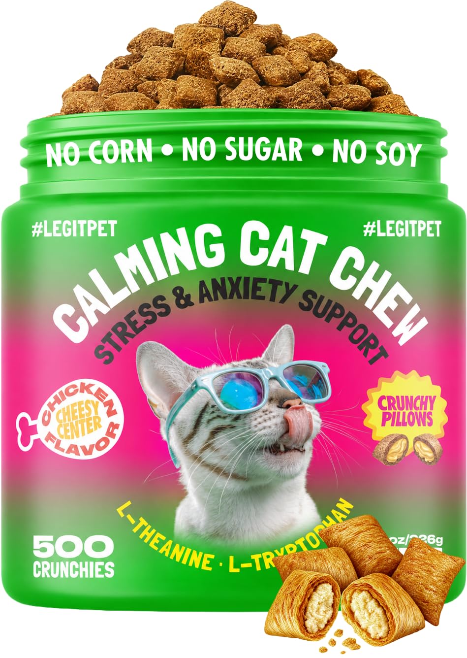 LEGITPET Calming Cat Treats for Anxiety & Stress – Daily Crunchy Chews for Cats with L-Theanine & L-Tryptophan – Supports Calm Behavior & Balanced Mood – Chicken Flavor, 500 Chews